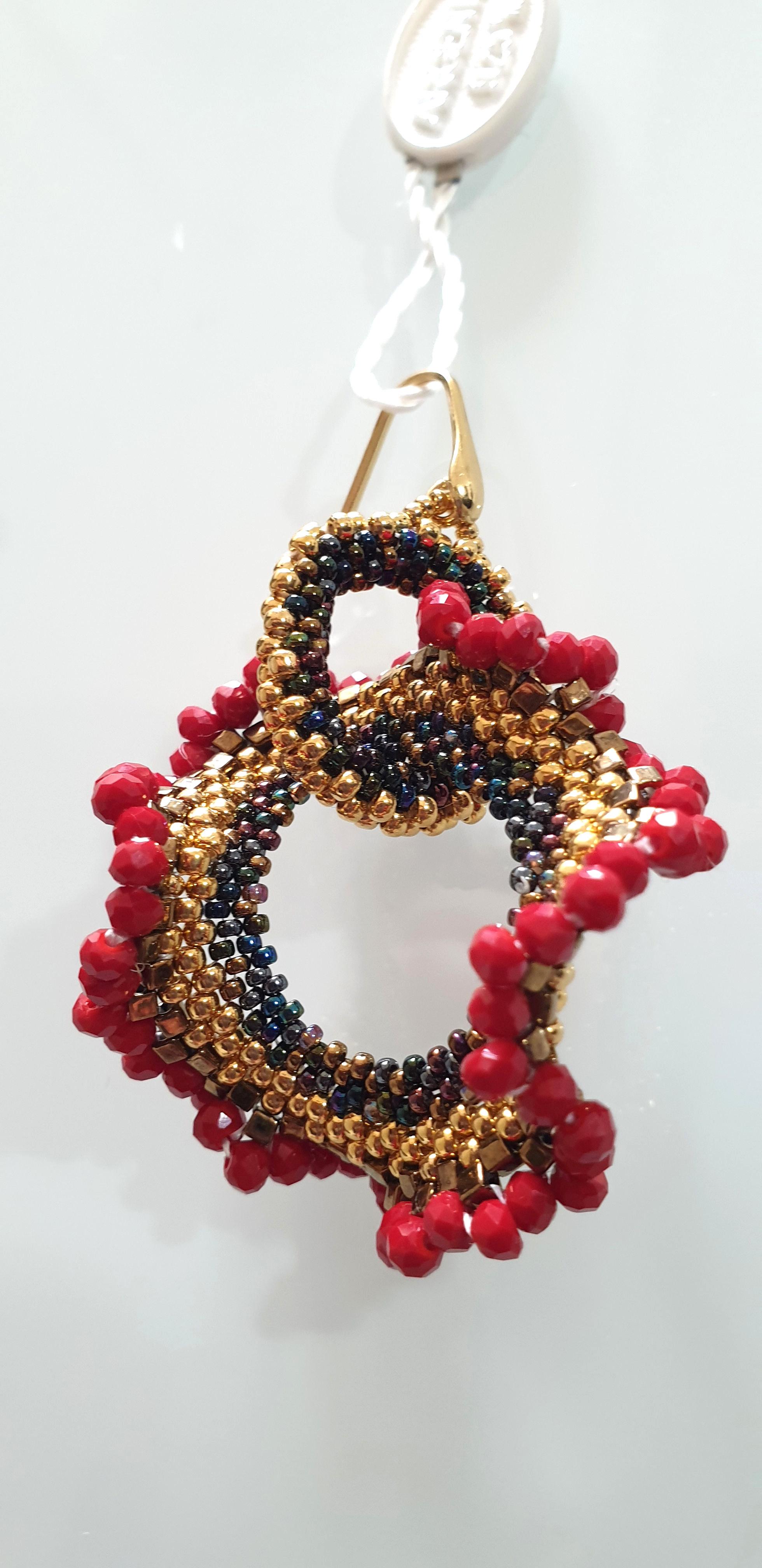 Pair drop earrings hand made in red & gold Murano glass beads by artist Paola B. 1