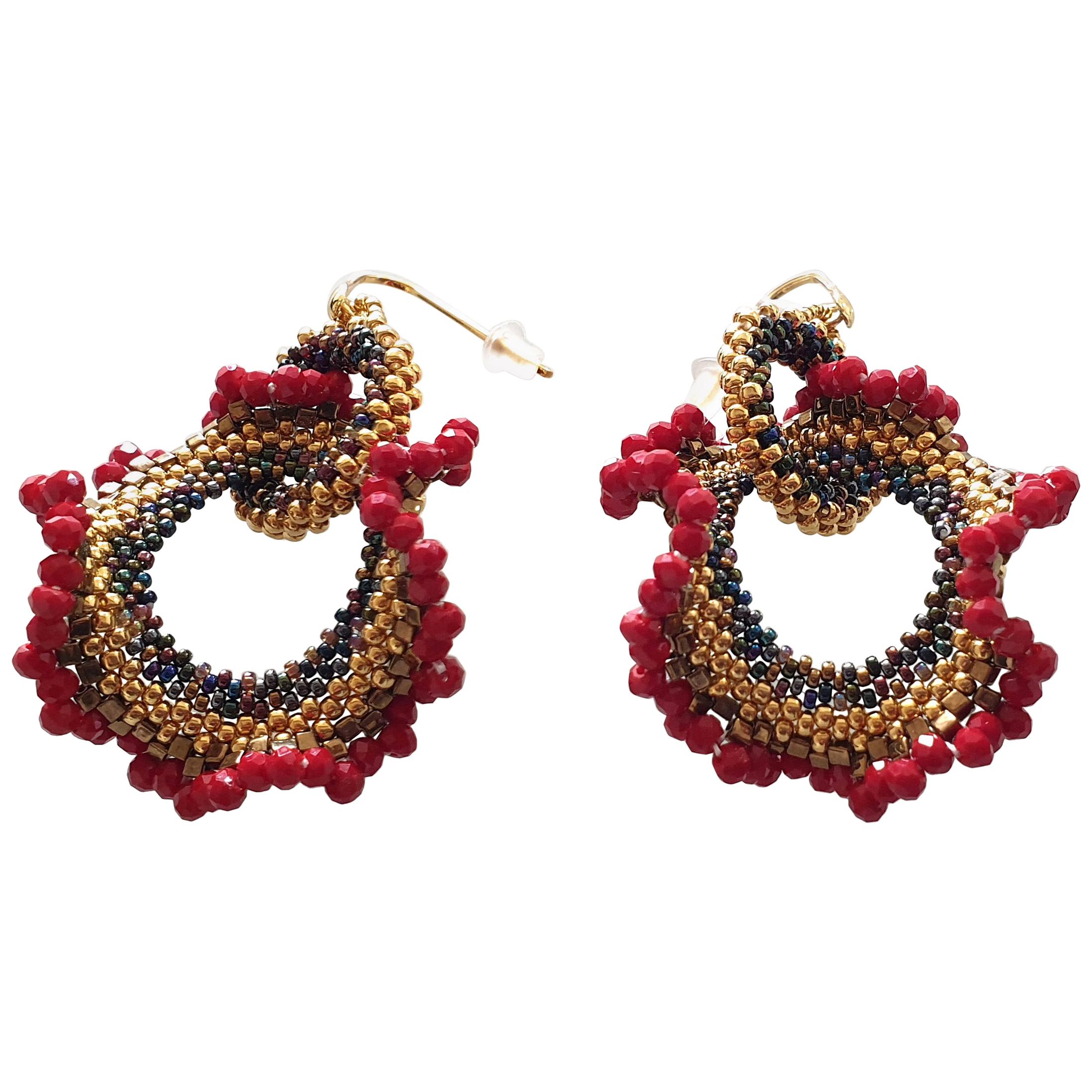 Pair drop earrings hand made in red & gold Murano glass beads by artist Paola B.