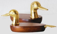 Pair of Duck-Shaped Brass and Walnut Brass Trays for Serving Pate