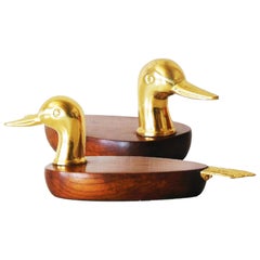 Pair of Duck-Shaped Brass and Walnut Brass Trays for Serving Pate