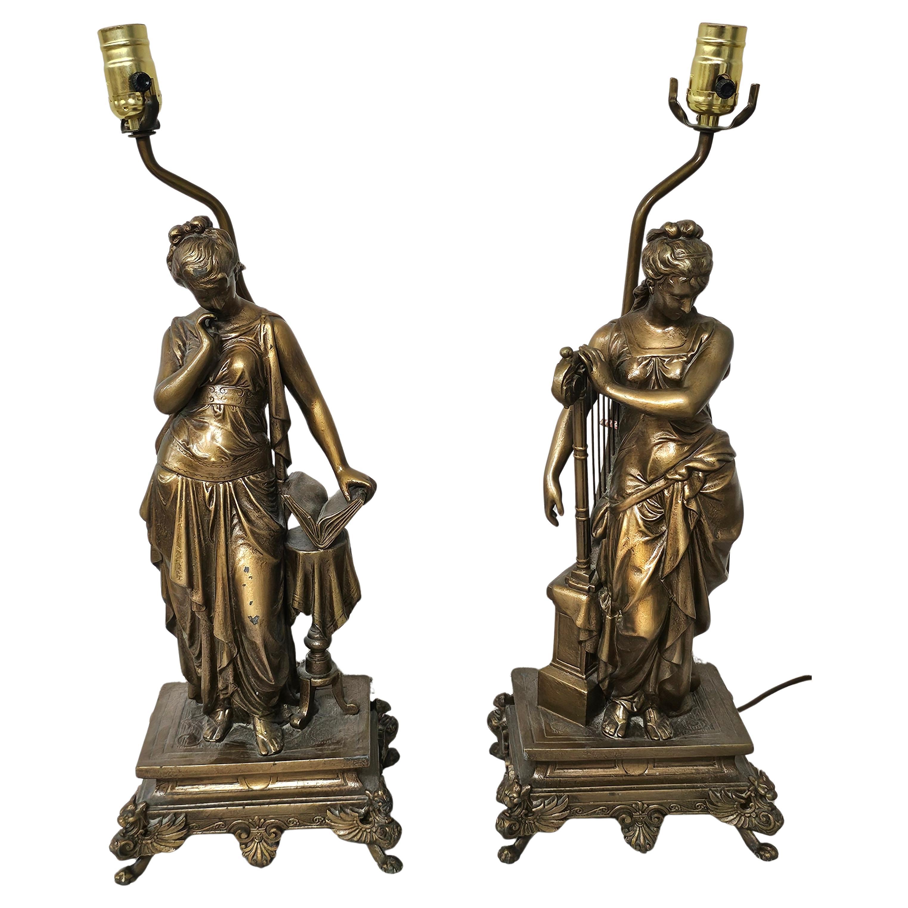 Pair Dumaige Attributed Figural Bronzed Spelter Sculptures Mounted as Lamps For Sale