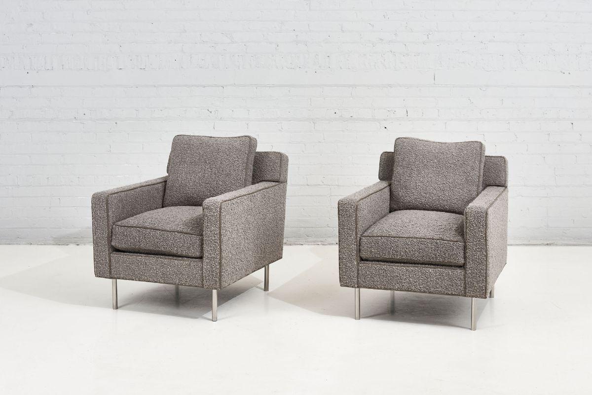 Pair Dunbar chairs gray boucle, 1960. Newly reupholstered gray boucle leather welt and brushed stainless steel legs.