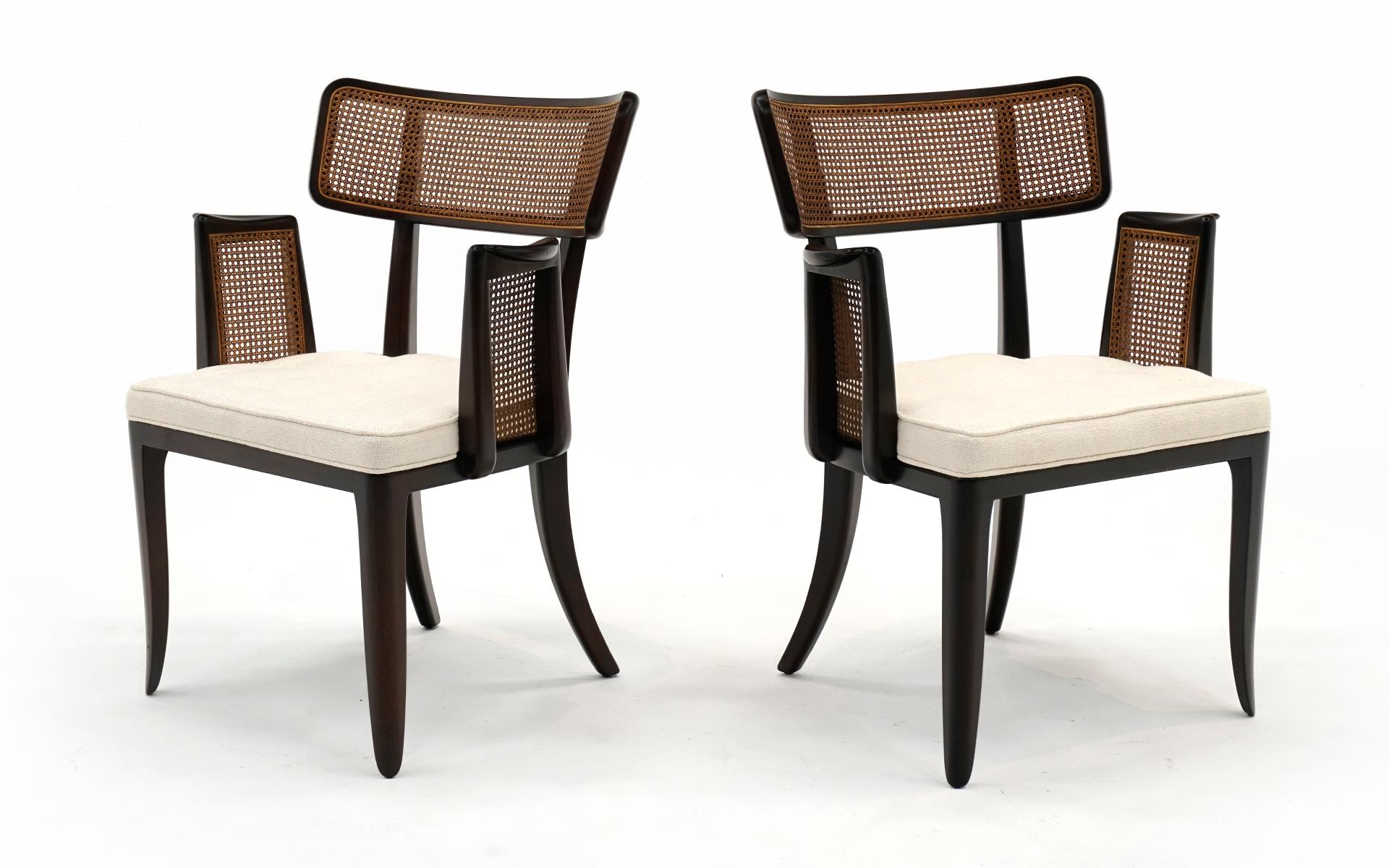 Mid-Century Modern Pair Dunbar Dining Chairs with Arms. Dark Mahogany, Cane, Off White Boucle