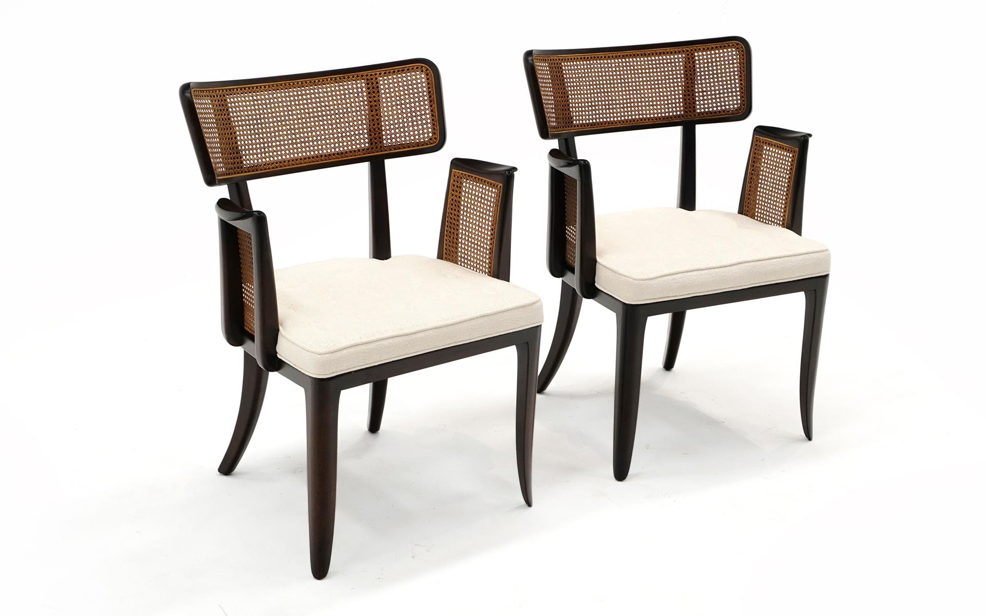 American Pair Dunbar Dining Chairs with Arms. Dark Mahogany, Cane, Off White Boucle