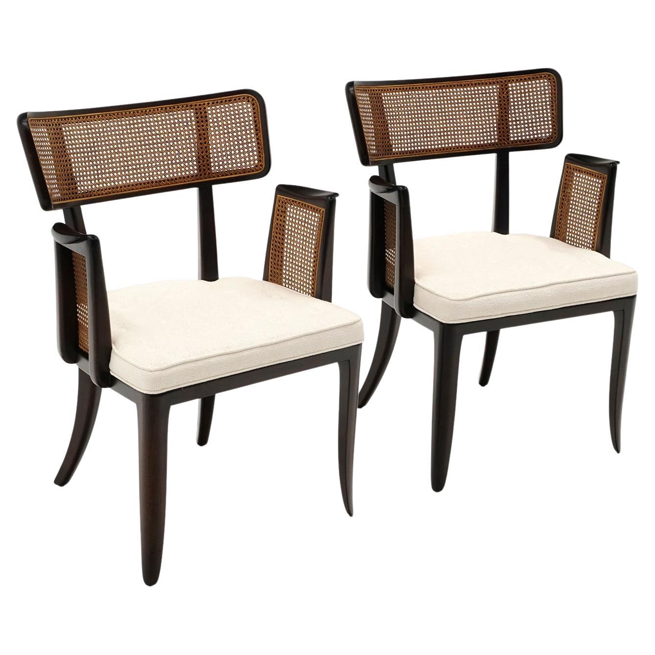 Pair Dunbar Dining Chairs with Arms. Dark Mahogany, Cane, Off White Boucle