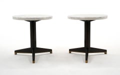 Pair Dunbar Round Side Tables w/ Terrazzo Tops, Mahogany and Brass Tripod Base