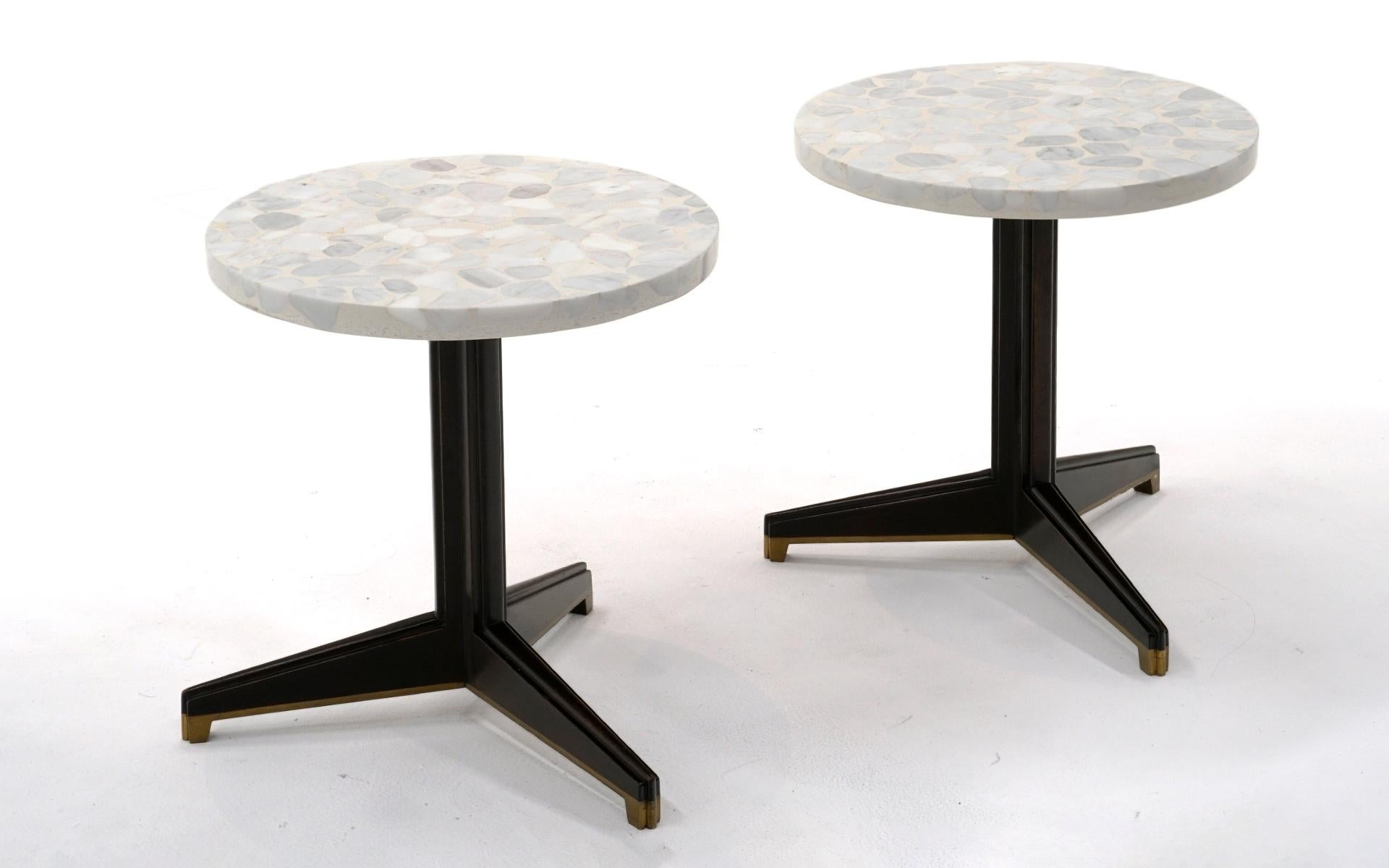 Mid-Century Modern Pair Dunbar Round Side Tables w/ Terrazzo Tops, Mahogany and Brass Tripod Base