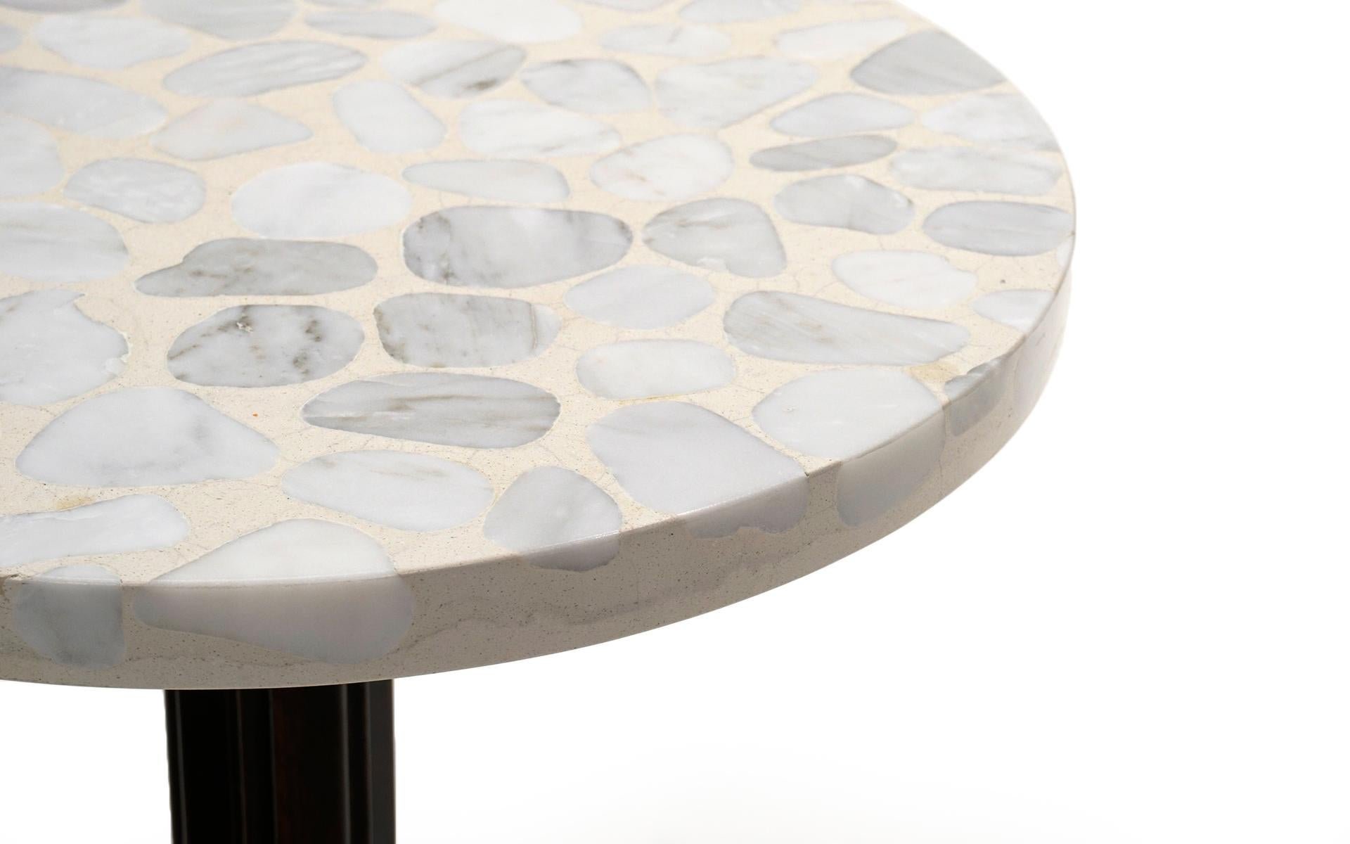 Pair Dunbar Round Side Tables w/ Terrazzo Tops, Mahogany and Brass Tripod Base 2