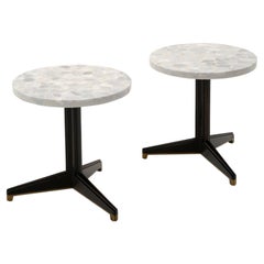 Pair Dunbar Round Side Tables w/ Terrazzo Tops, Mahogany and Brass Tripod Base