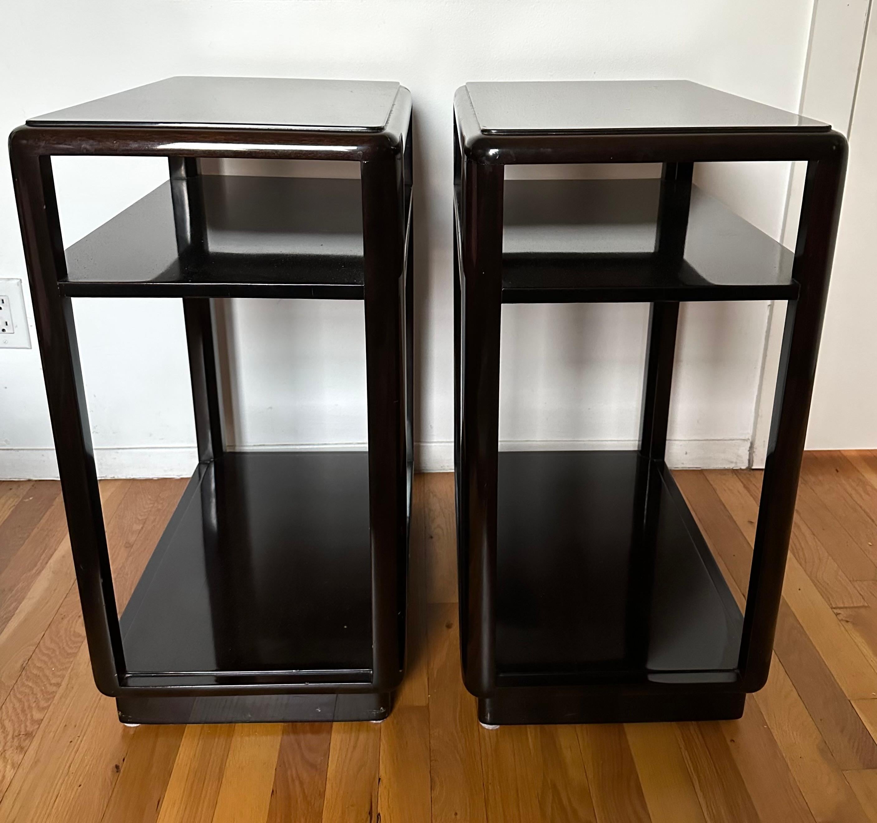 Chic and supremely practical side tables employing perfect proportions, further elevated with the typical Edward Wormley details and exquisite craftsmanship. The extra height and narrow width lend to an architectural feel, and allow placement in