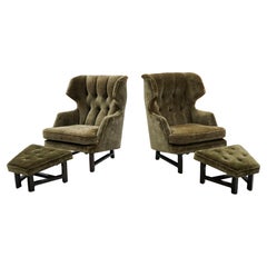 Pair Dunbar Wingback Chairs w/ Ottomans by Edward Wormley for Janus Collection