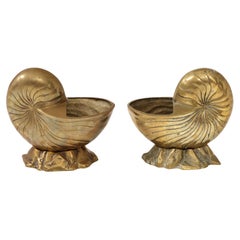 Antique Pair Duquette Style Bronze Nautilus Cache Pots