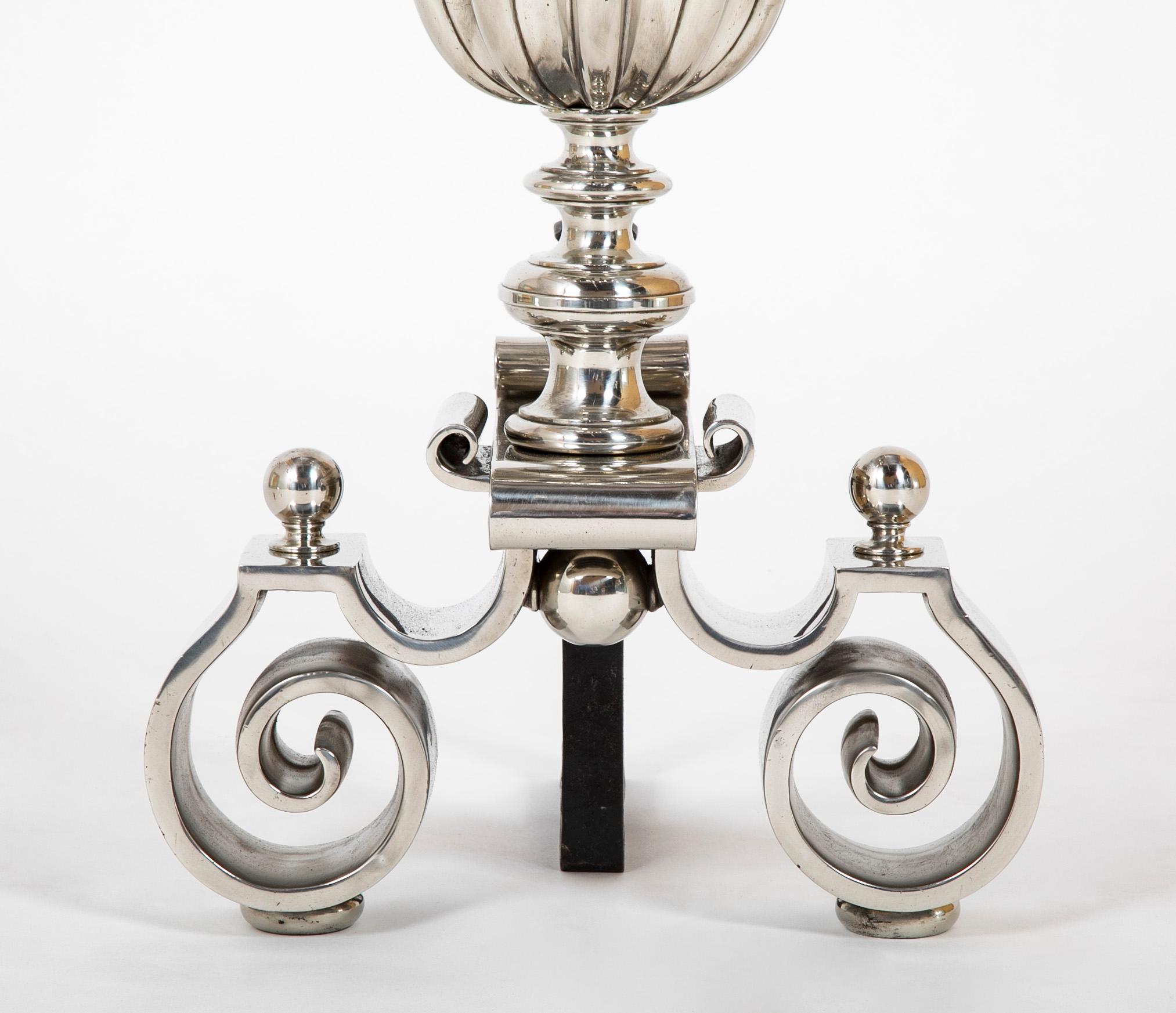 Pair Dutch Baroque Style Polished Steel Andirons In Good Condition For Sale In Stamford, CT