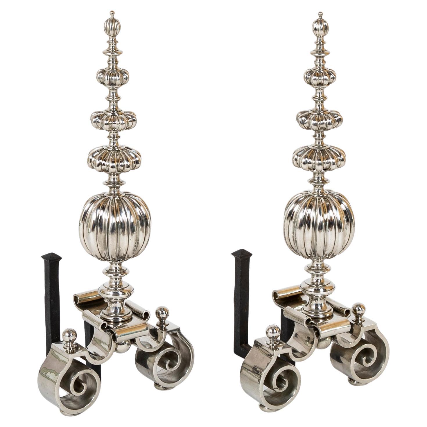 Pair Dutch Baroque Style Polished Steel Andirons