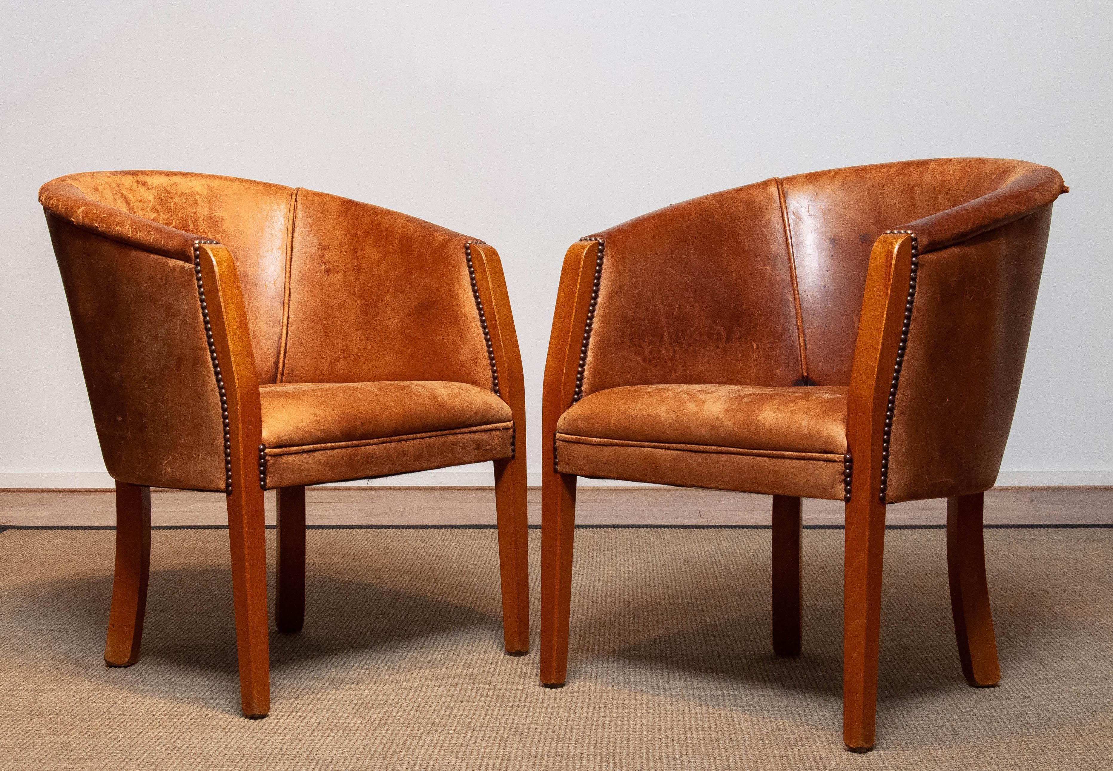 Pair Dutch Colonial Sheepskin Sheep Leather Arm Club Chairs Made in the 1960's In Good Condition In Silvolde, Gelderland