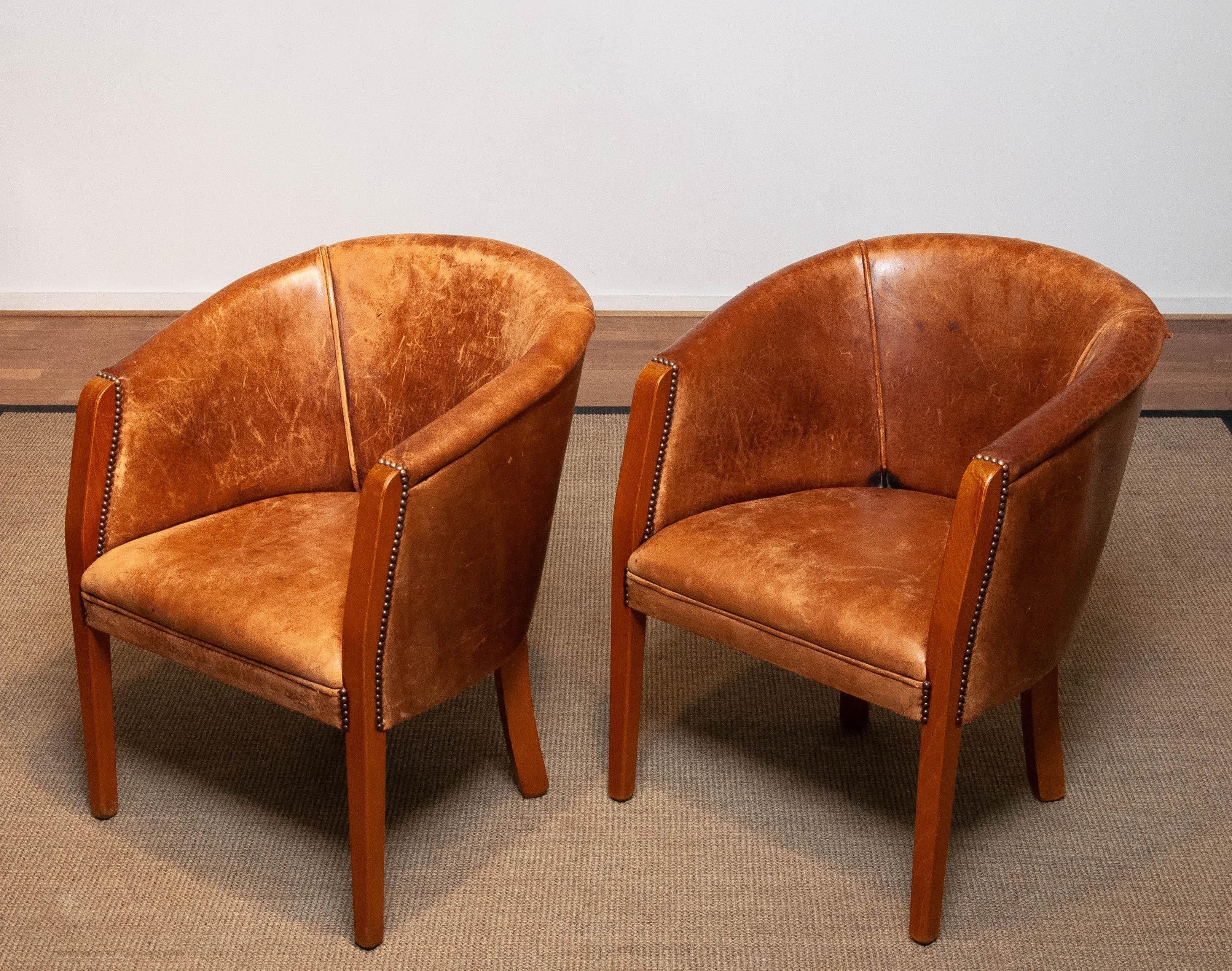Mid-20th Century Pair Dutch Colonial Sheepskin Sheep Leather Arm Club Chairs Made in the 1960's