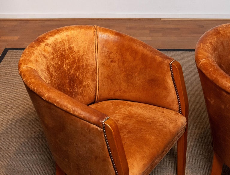 Pair Dutch Colonial Sheepskin Sheep Leather Arm Club Chairs Made in the