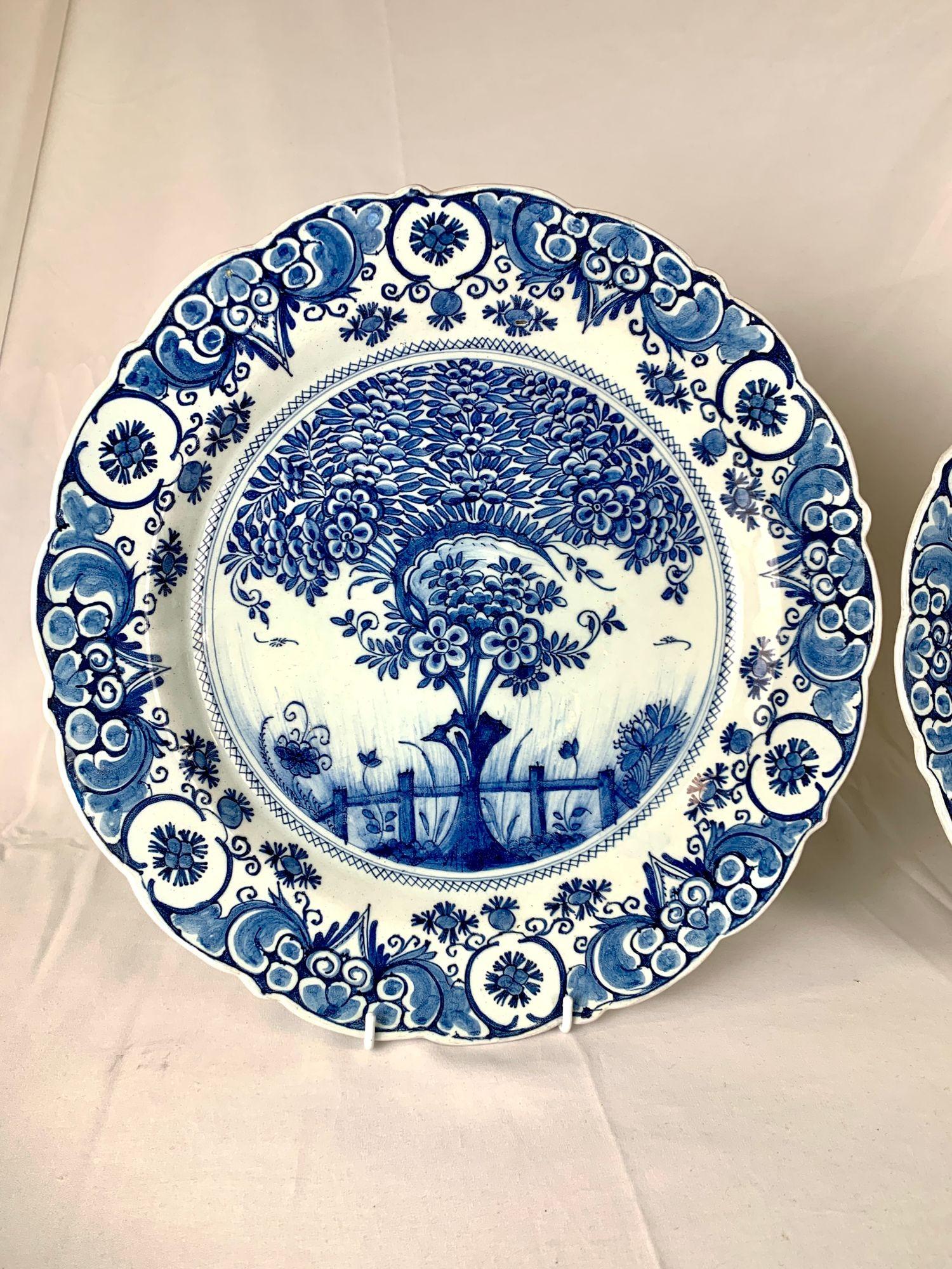 Country Pair Dutch Delft Blue and White Chargers by The Axe Factory Circa 1770 For Sale