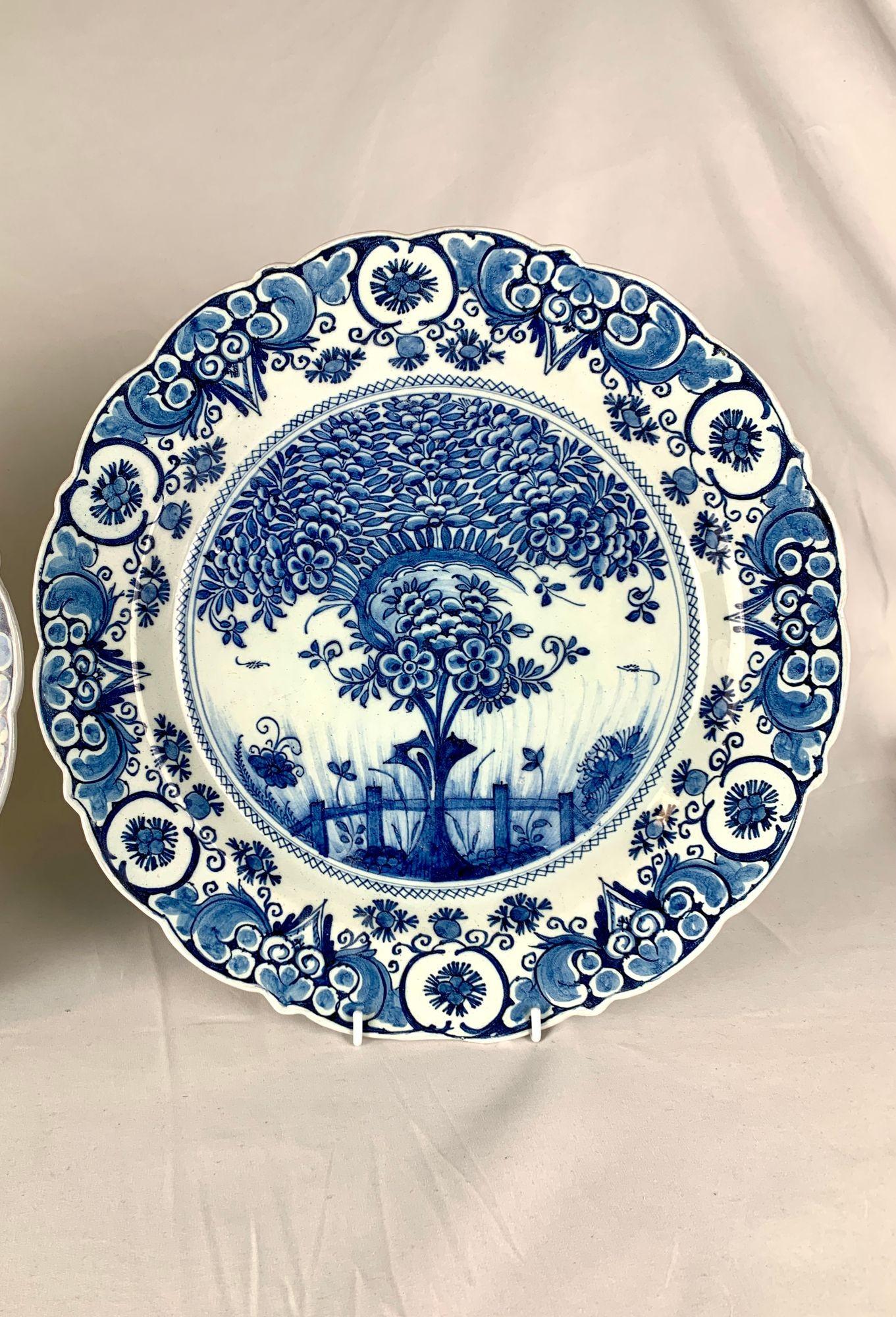 Hand-Painted Pair Dutch Delft Blue and White Chargers by The Axe Factory Circa 1770 For Sale