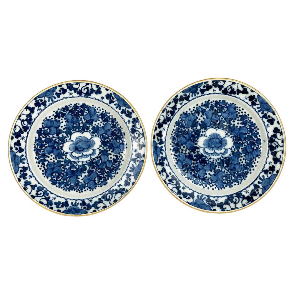 Pair Dutch Delft Blue and White Large Plates Hand Painted Circa 1780 For Sale