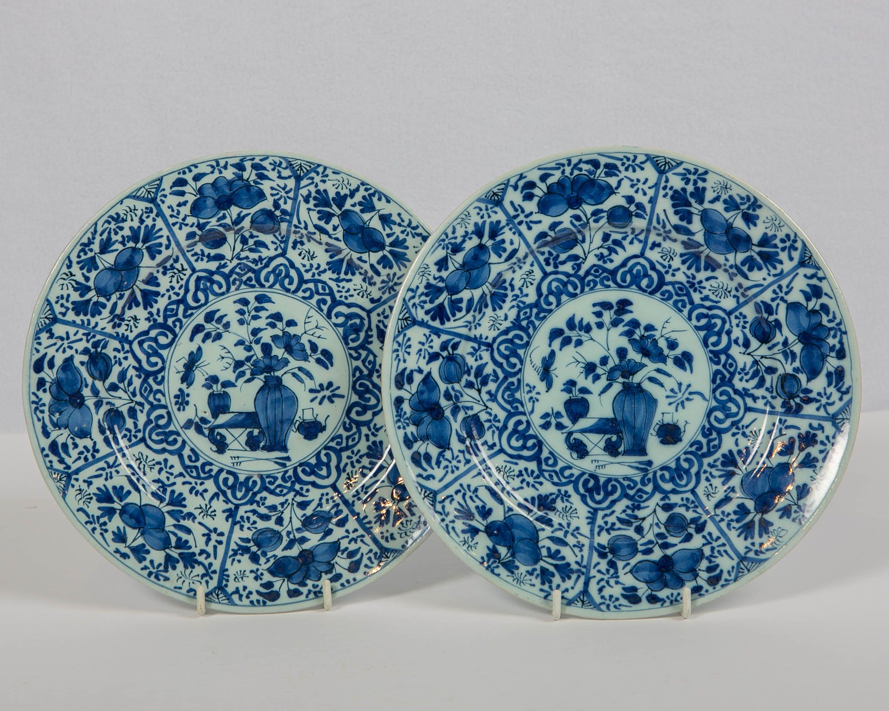 18th Century Pair of Dutch Delft Blue and White Pancake Plates Made 1705-1725