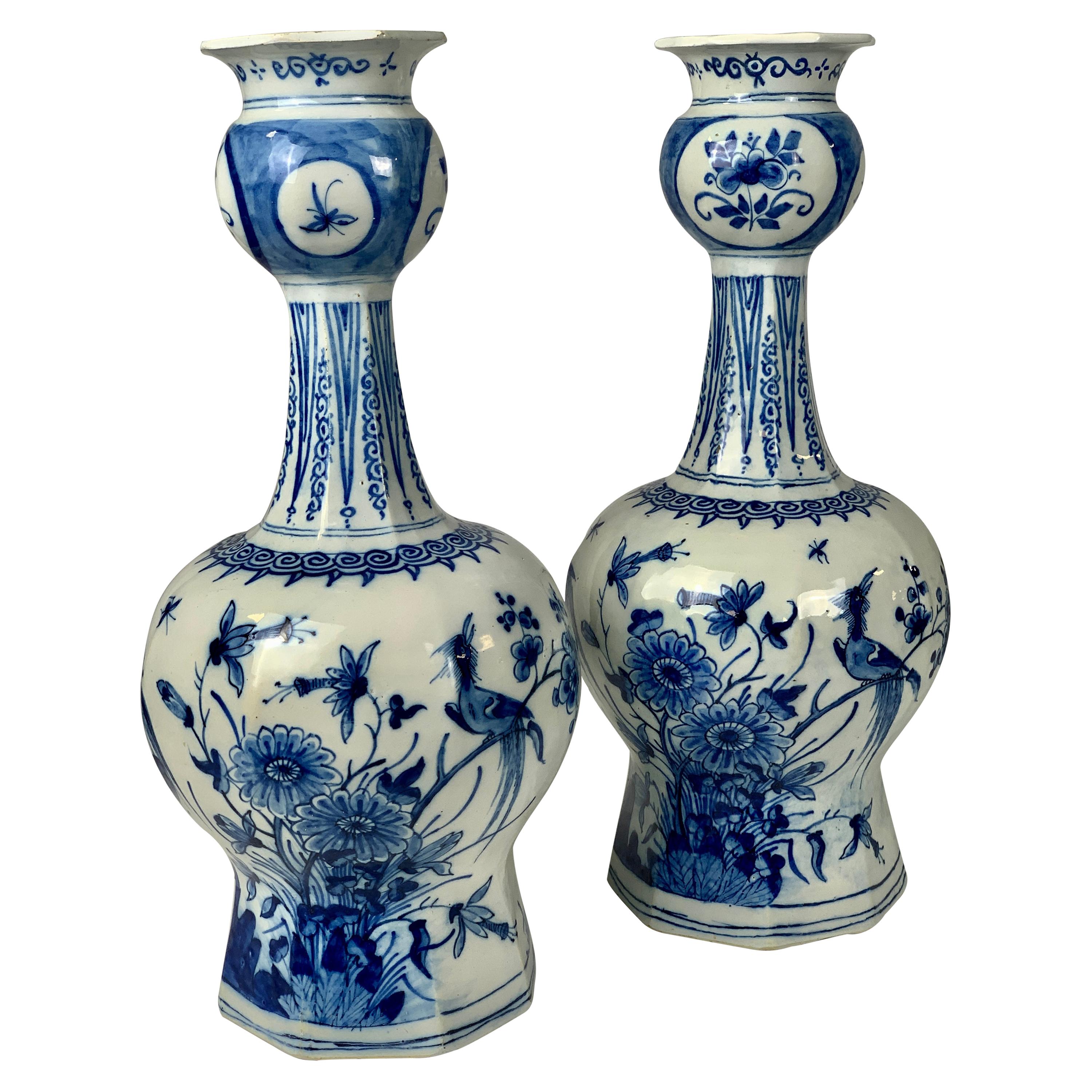 Pair Dutch Delft Blue and White Vases Hand-Painted 18th Century, Circa 1780