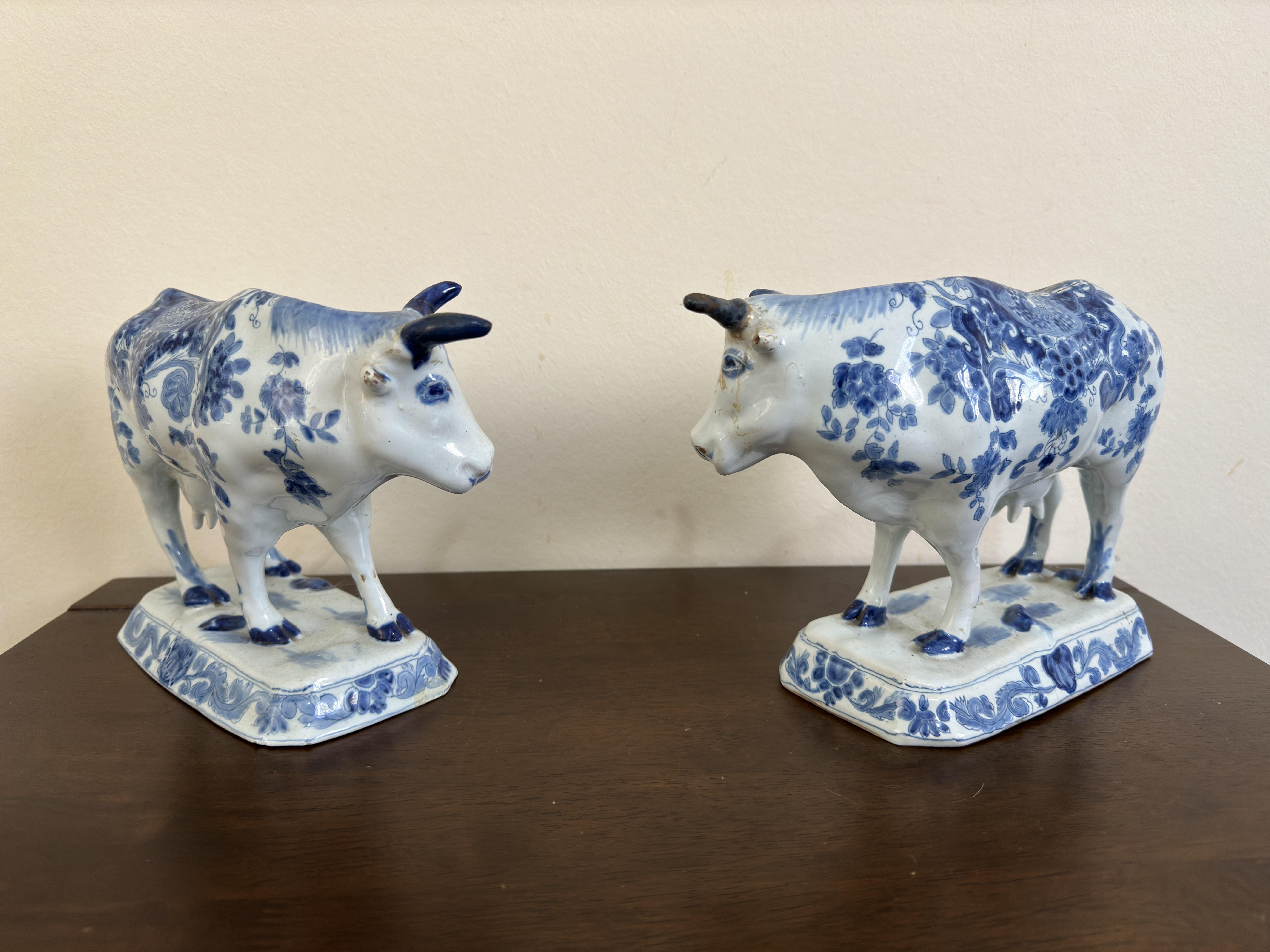 Ceramic Pair Dutch Delft Blue Cows 18th Century For Sale