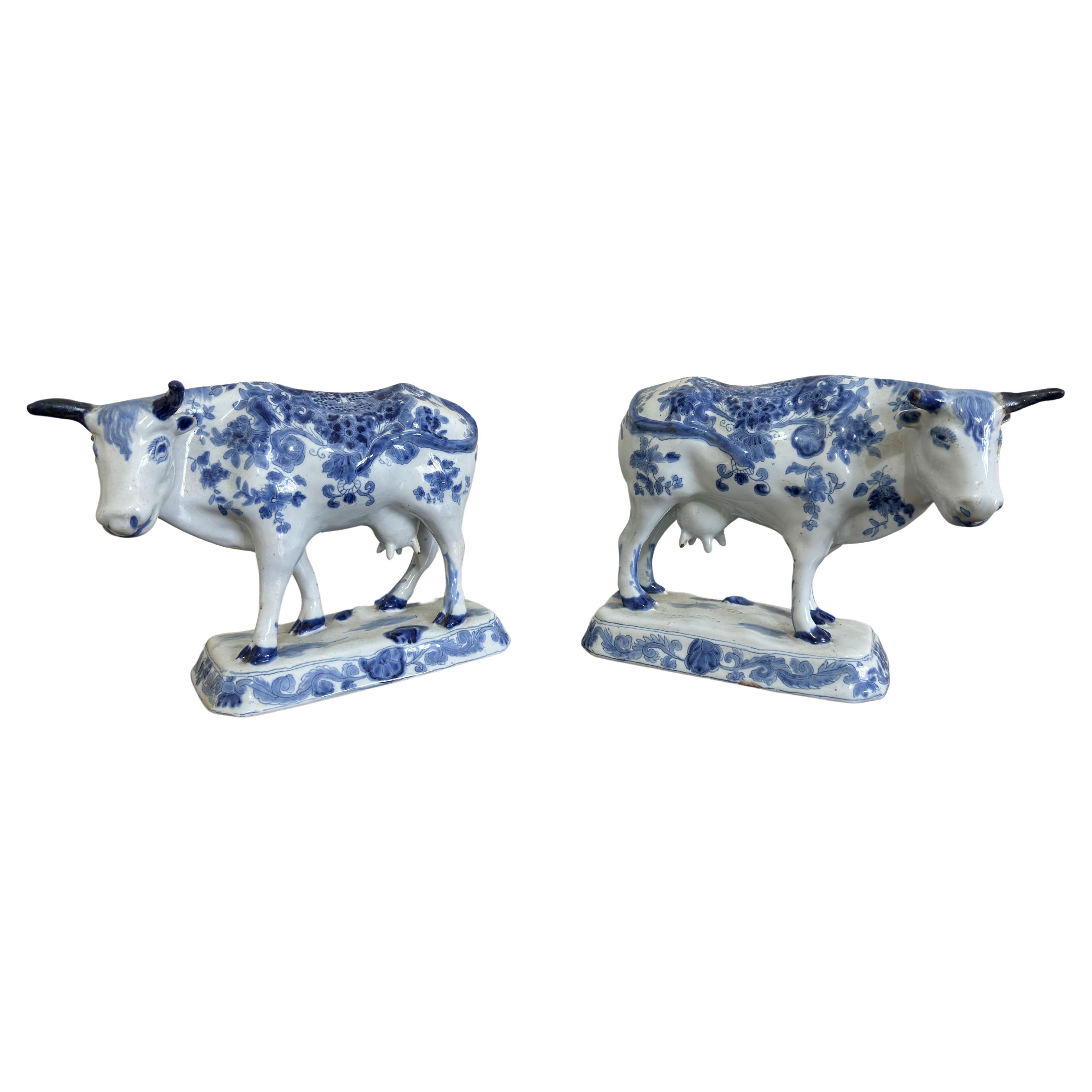 Pair Dutch Delft Blue Cows 18th Century For Sale