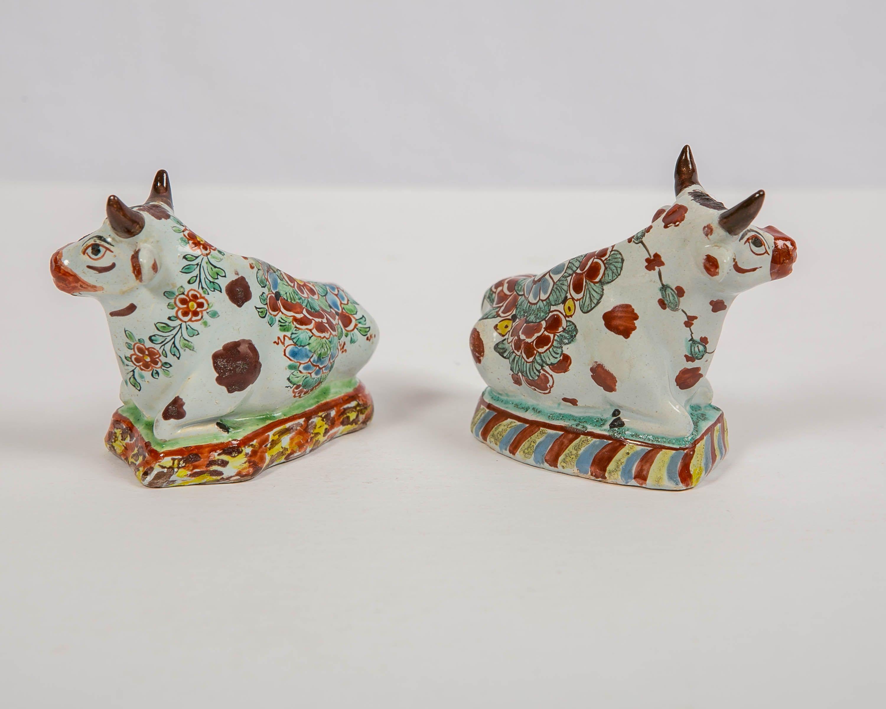 Pair of Dutch Delft Cows Painted in Polychrome Petit Feu Colors Made circa 1760 1