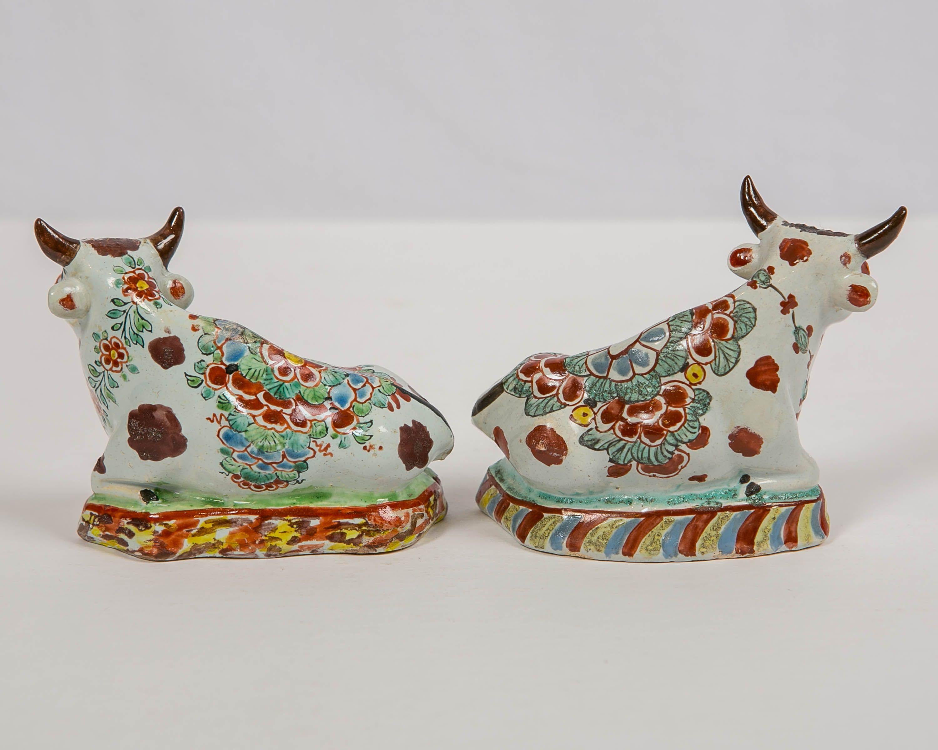 Pair of Dutch Delft Cows Painted in Polychrome Petit Feu Colors Made circa 1760 2