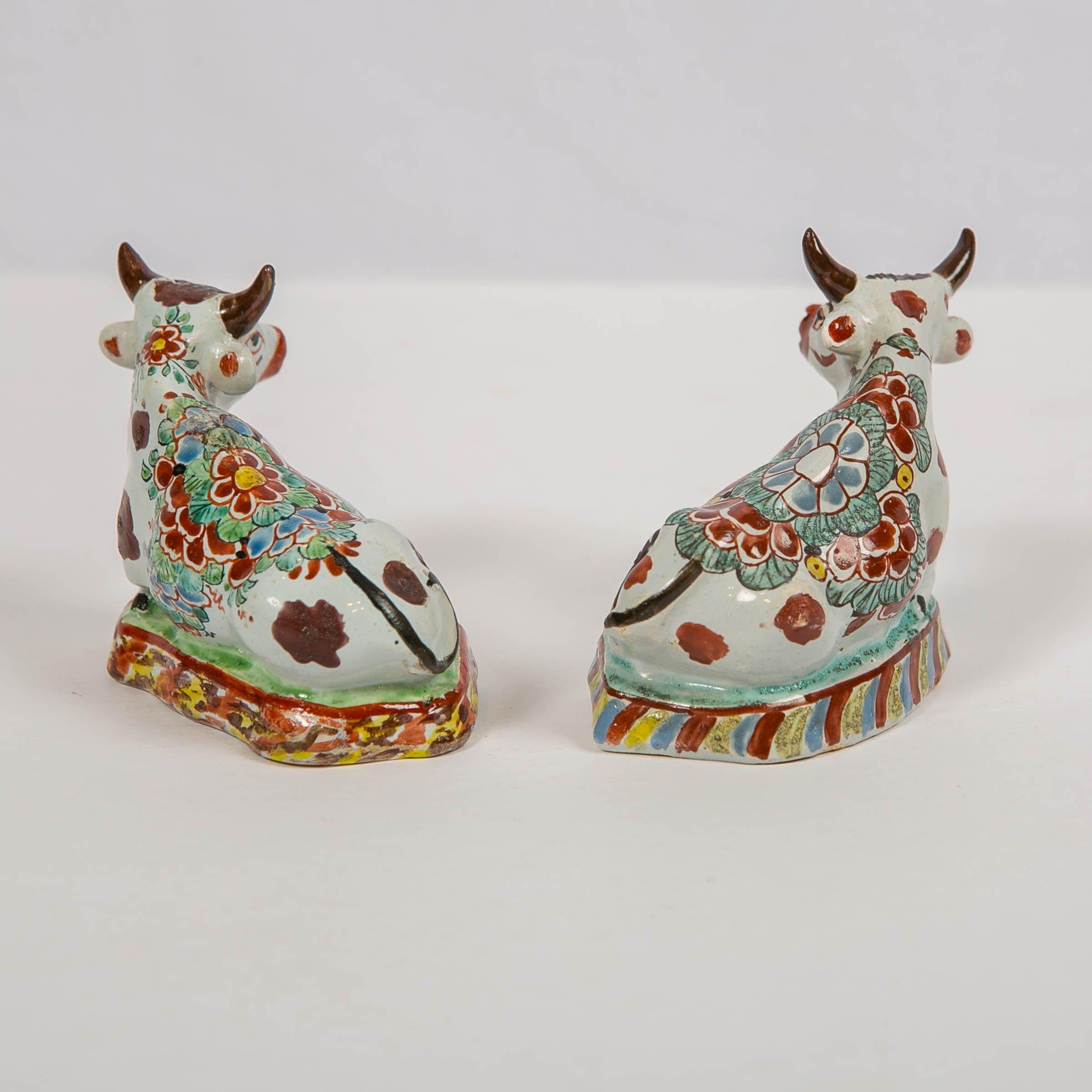 Pair of Dutch Delft Cows Painted in Polychrome Petit Feu Colors Made circa 1760 3