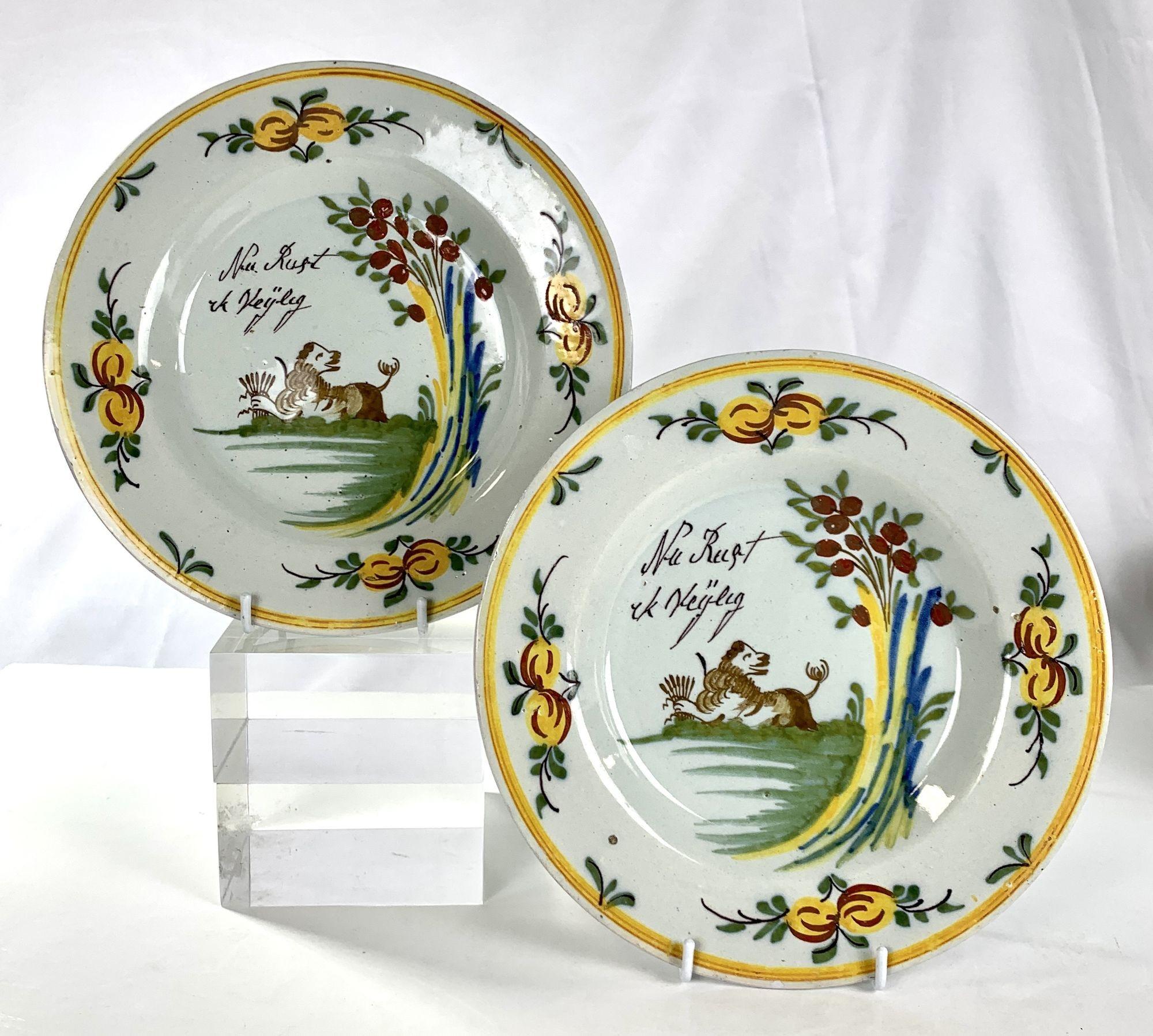 Pair Dutch Delft Dishes Hand Painted 18th Century Celebrating the Dutch Republic In Excellent Condition For Sale In Katonah, NY