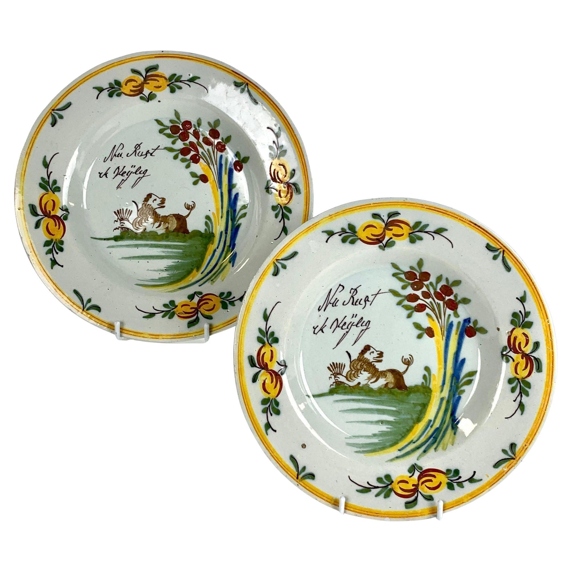 Pair Dutch Delft Dishes Hand Painted 18th Century Celebrating the Dutch Republic For Sale
