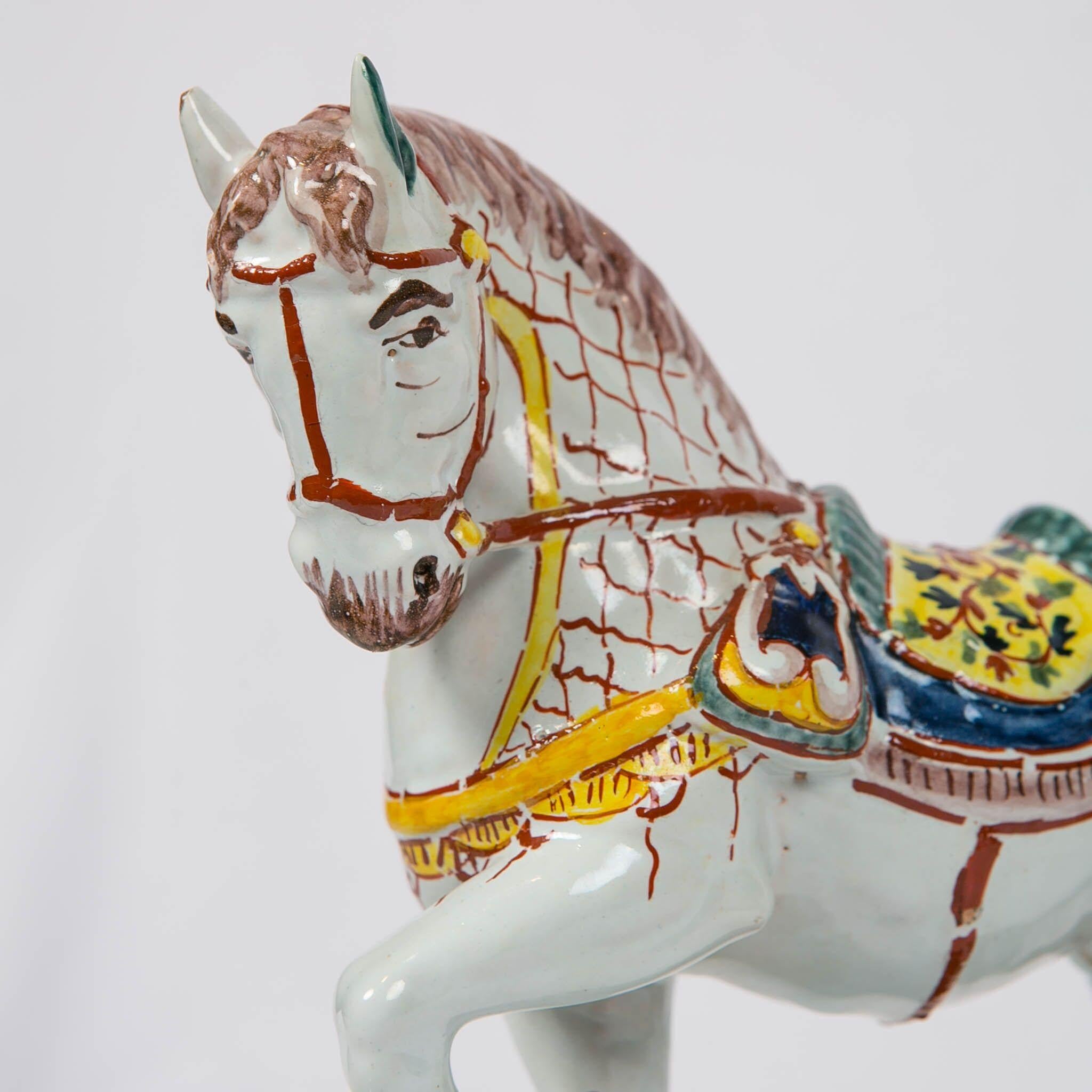 Rococo Revival Dutch Delft Horses Hand Painted in Polychrome Colors Made Mid-19th Century, Pair