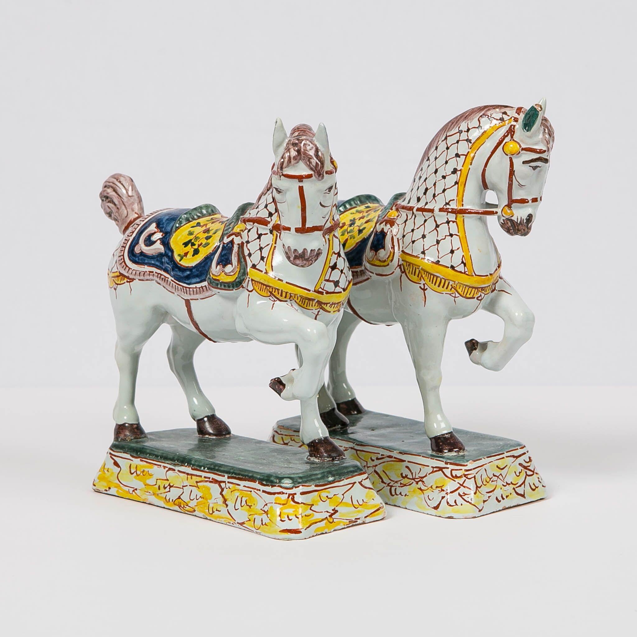Glazed Dutch Delft Horses Hand Painted in Polychrome Colors Made Mid-19th Century, Pair