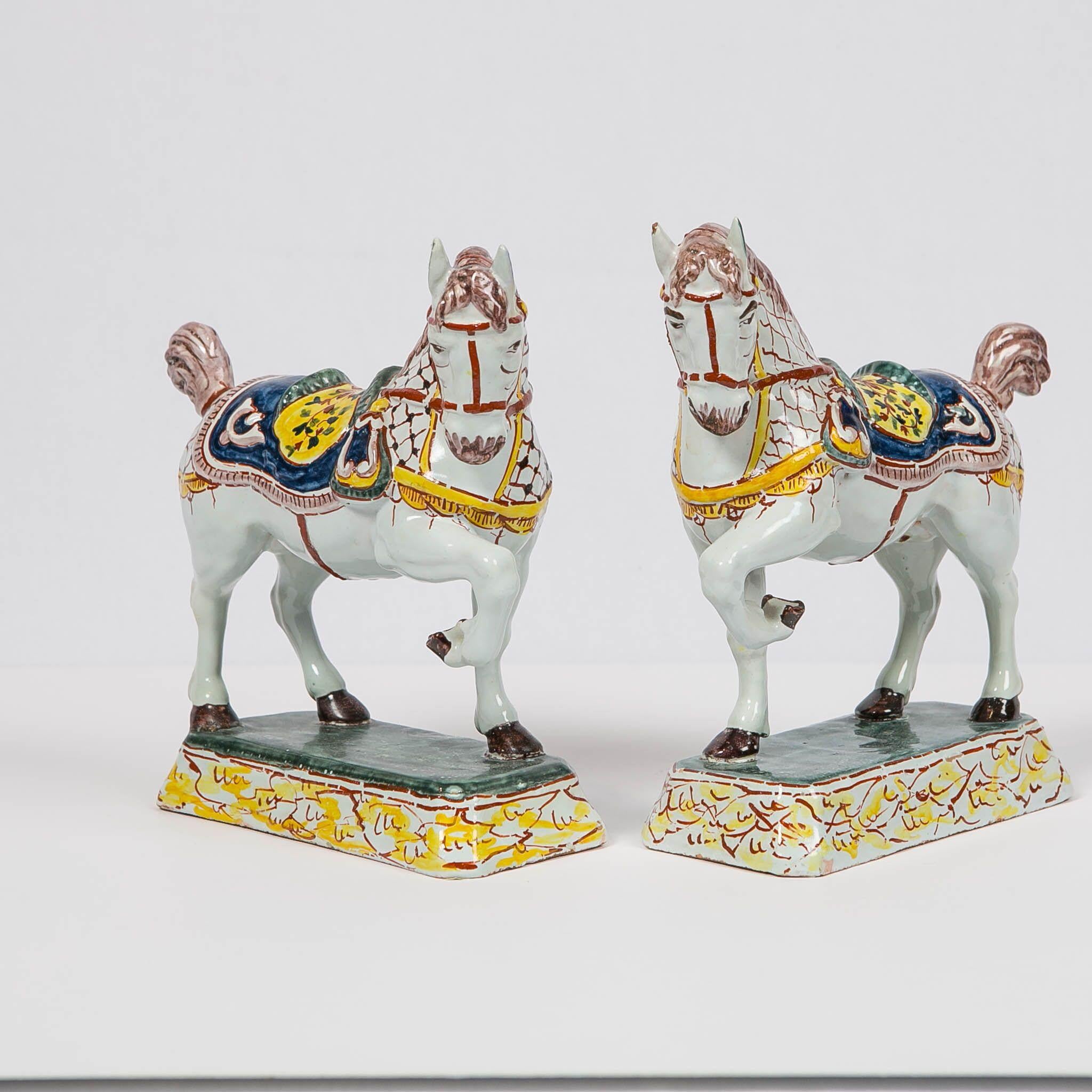 Dutch Delft Horses Hand Painted in Polychrome Colors Made Mid-19th Century, Pair In Excellent Condition In Katonah, NY