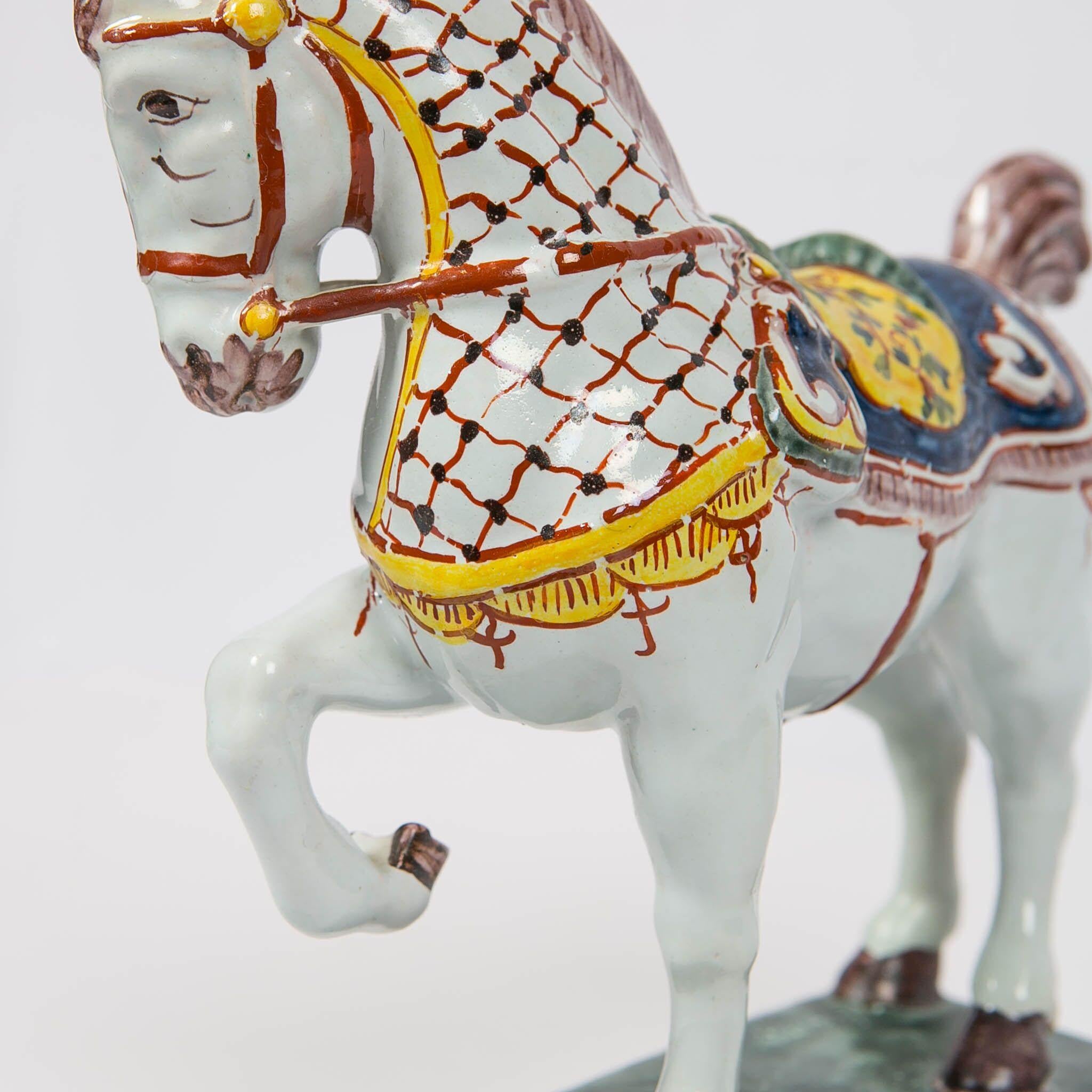 Dutch Delft Horses Hand Painted in Polychrome Colors Made Mid-19th Century, Pair 1