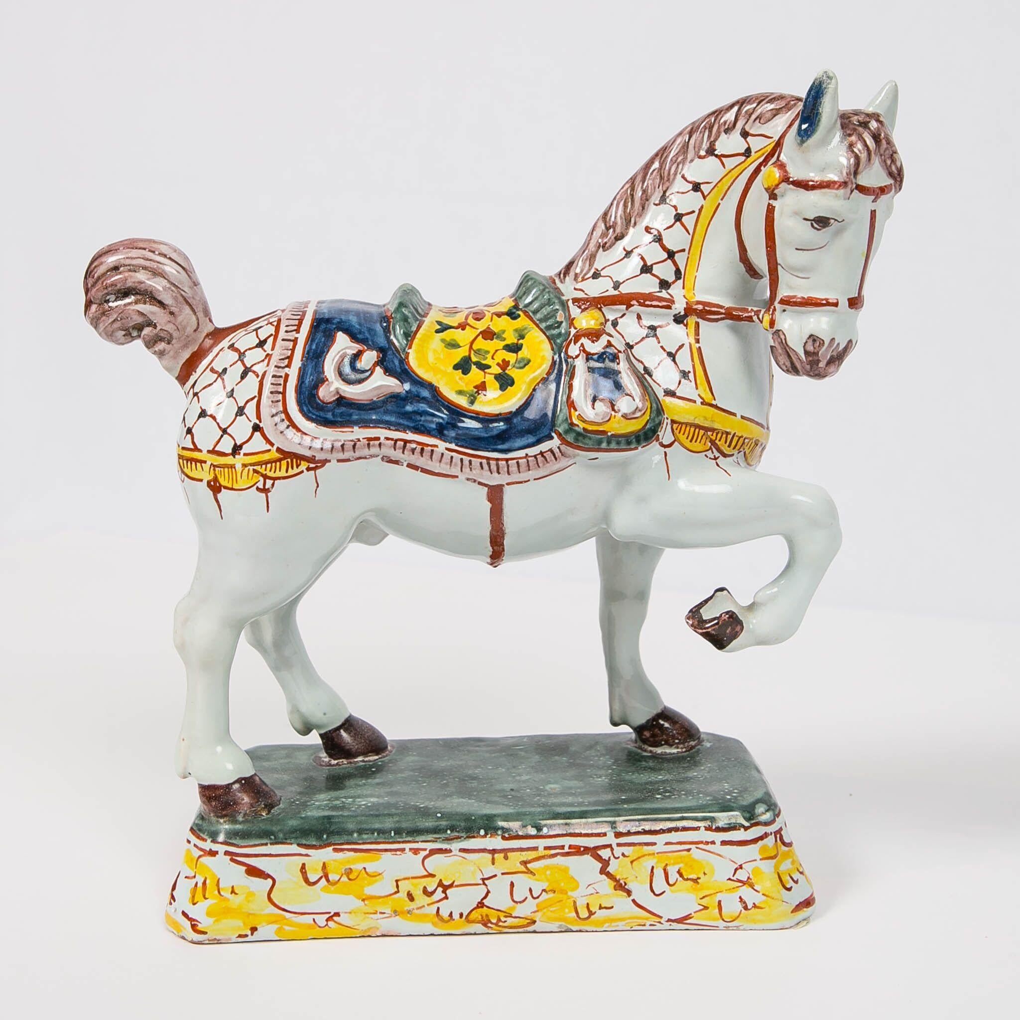 Dutch Delft Horses Hand Painted in Polychrome Colors Made Mid-19th Century, Pair 2