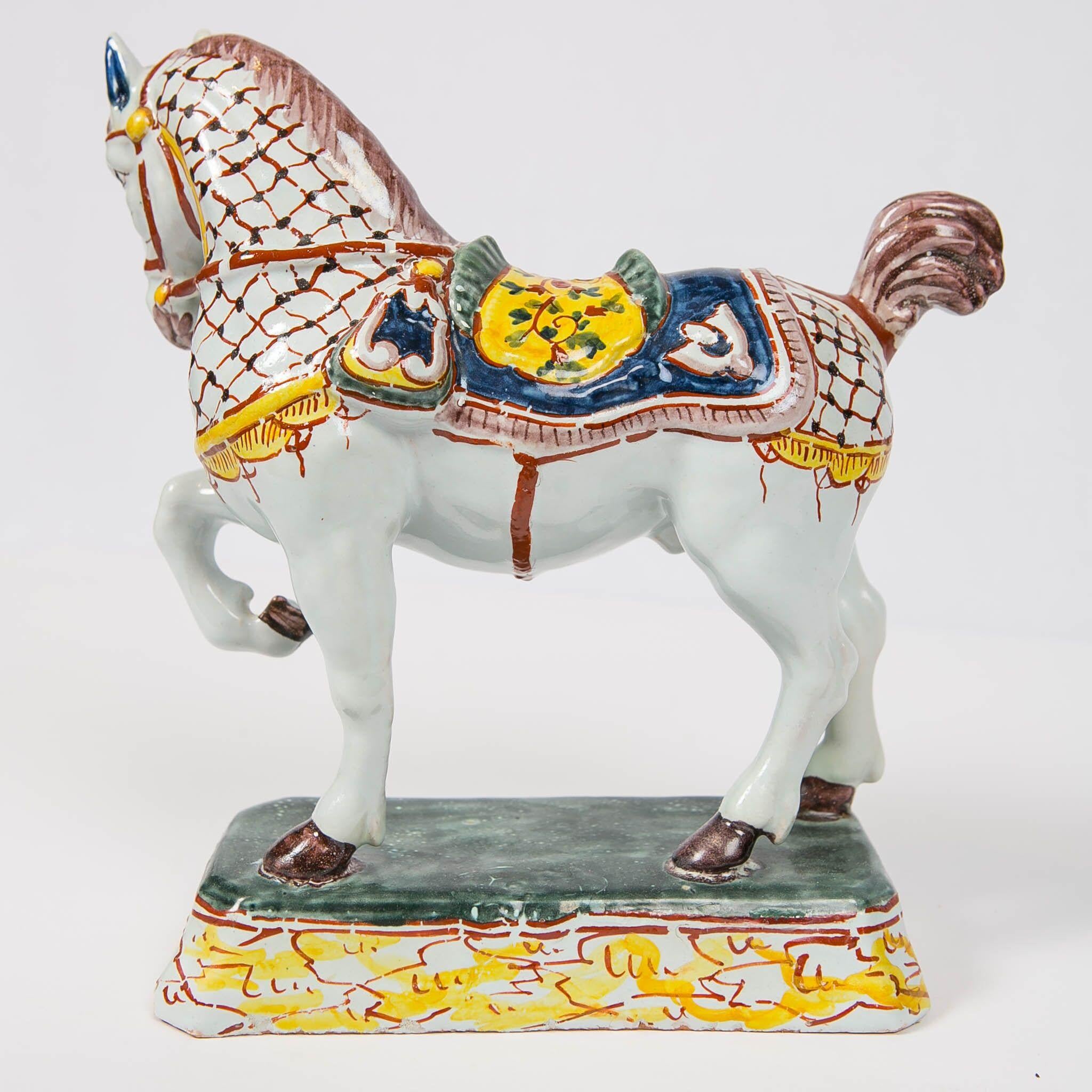 Dutch Delft Horses Hand Painted in Polychrome Colors Made Mid-19th Century, Pair 3