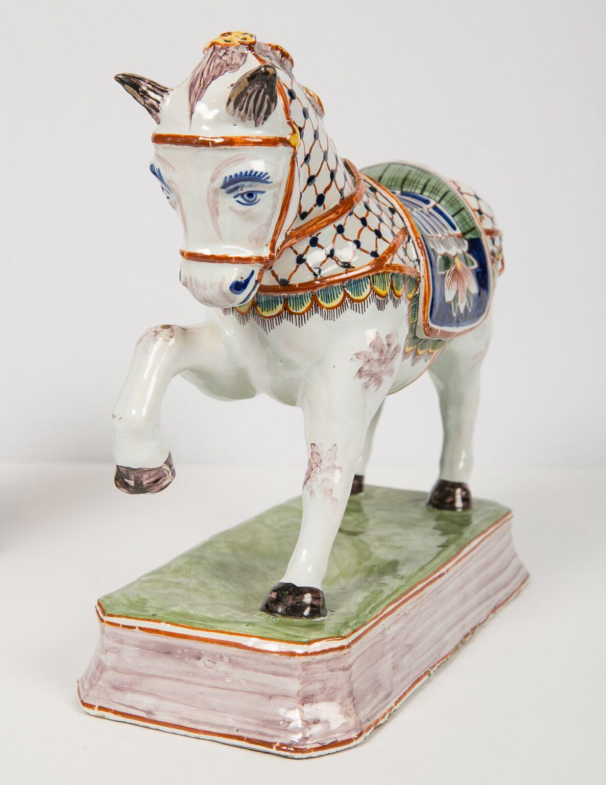 Rococo Pair of Dutch Delft Horses Painted in Polychrome Colors Made, Mid-19th Century