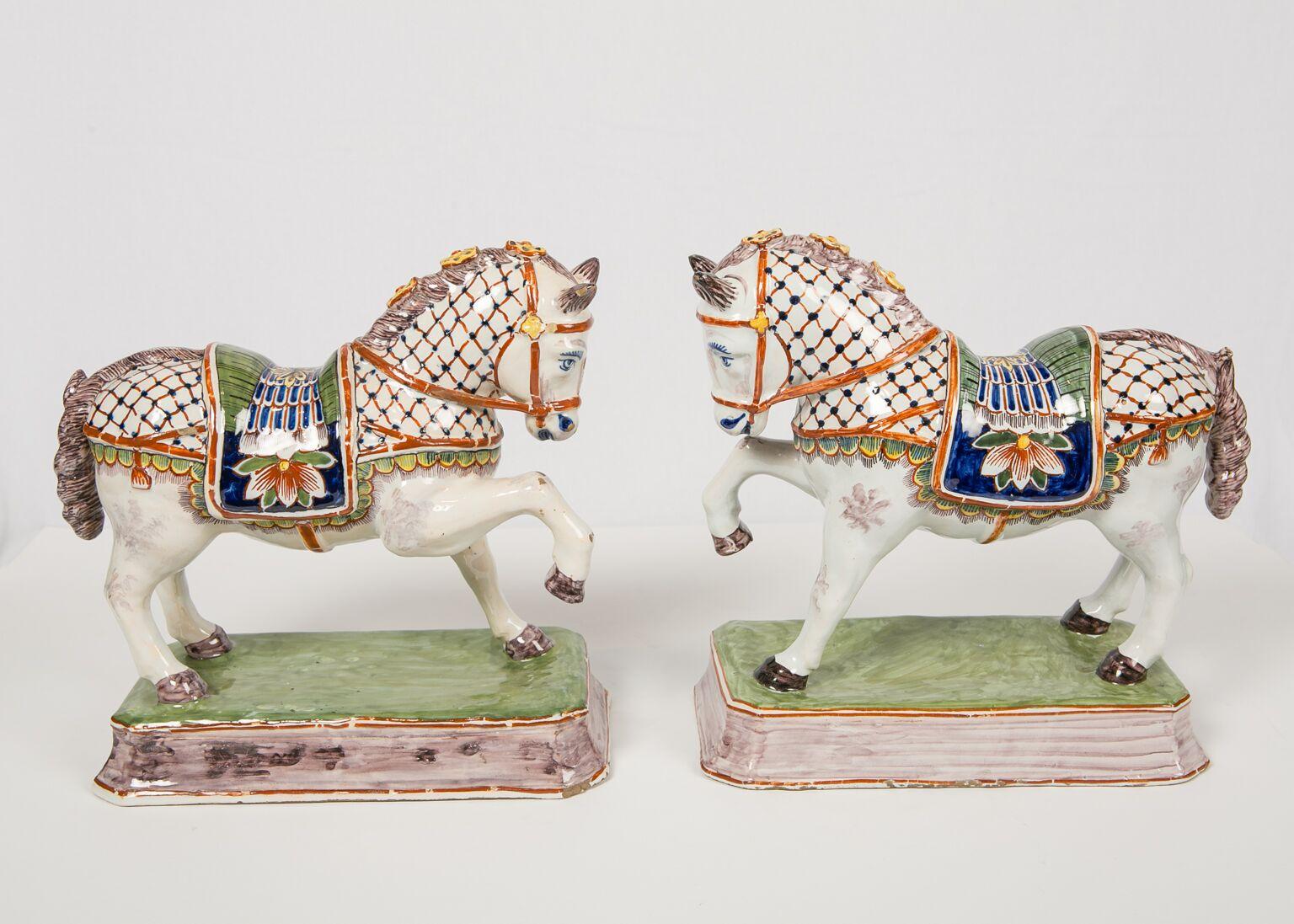 Enameled Pair of Dutch Delft Horses Painted in Polychrome Colors Made, Mid-19th Century