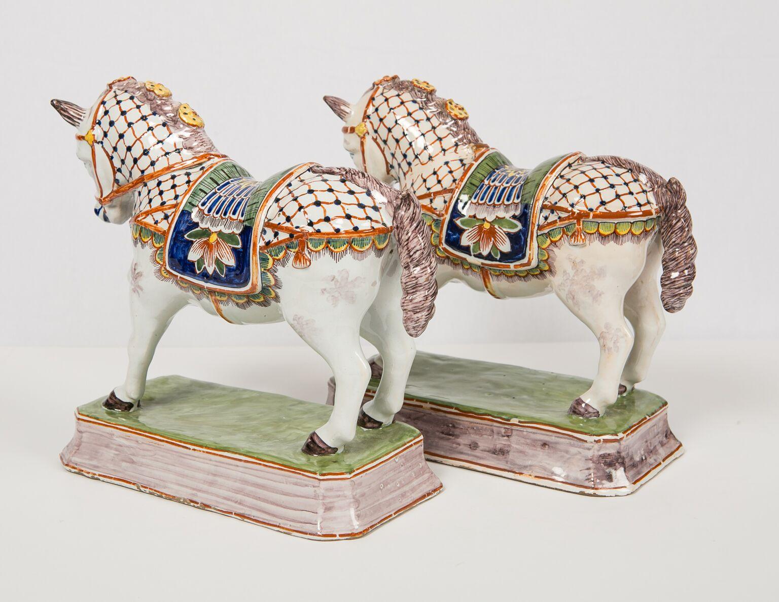Late 19th Century Pair of Dutch Delft Horses Painted in Polychrome Colors Made, Mid-19th Century