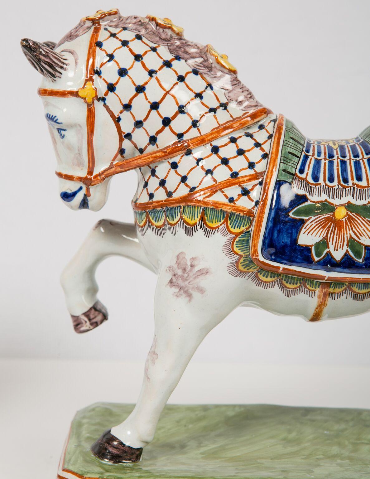 Pair of Dutch Delft Horses Painted in Polychrome Colors Made, Mid-19th Century 1
