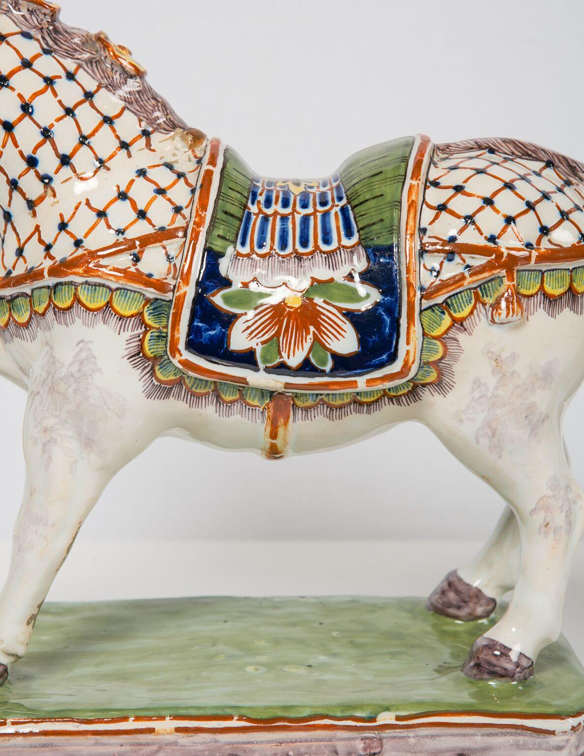 Pair of Dutch Delft Horses Painted in Polychrome Colors Made, Mid-19th Century 2
