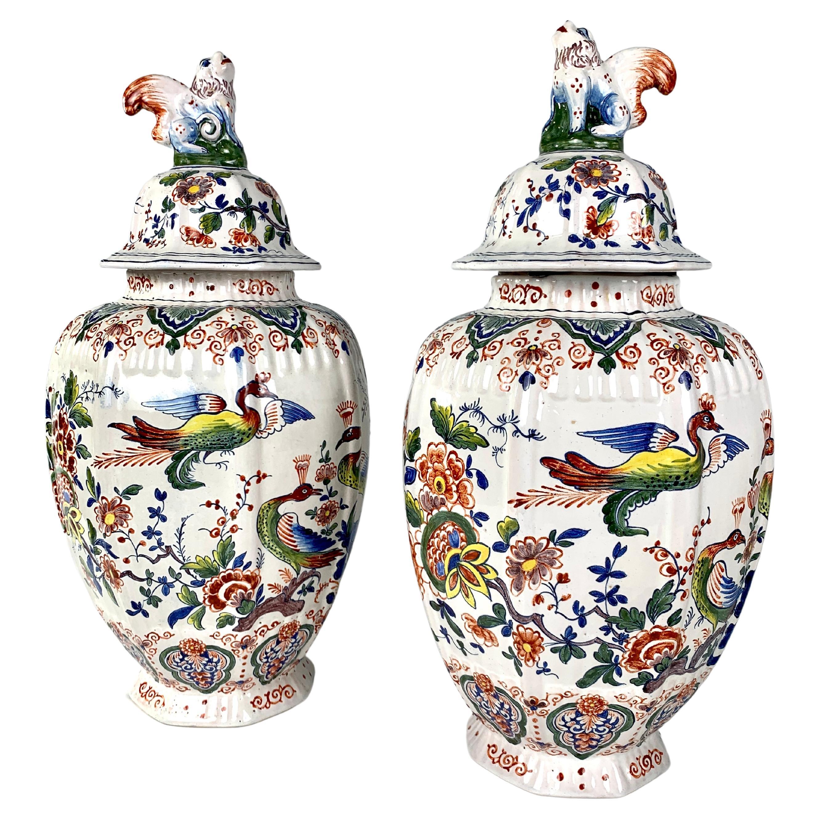 Pair Dutch Delft Jars Hand-Painted in Traditional Polychrome Colors