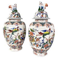 Pair Dutch Delft Jars Hand-Painted in Traditional Polychrome Colors