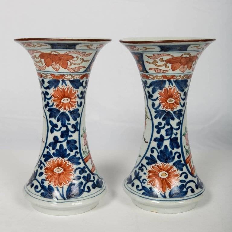 Pair of Dutch Delft Vases in Imari Style Colors 5