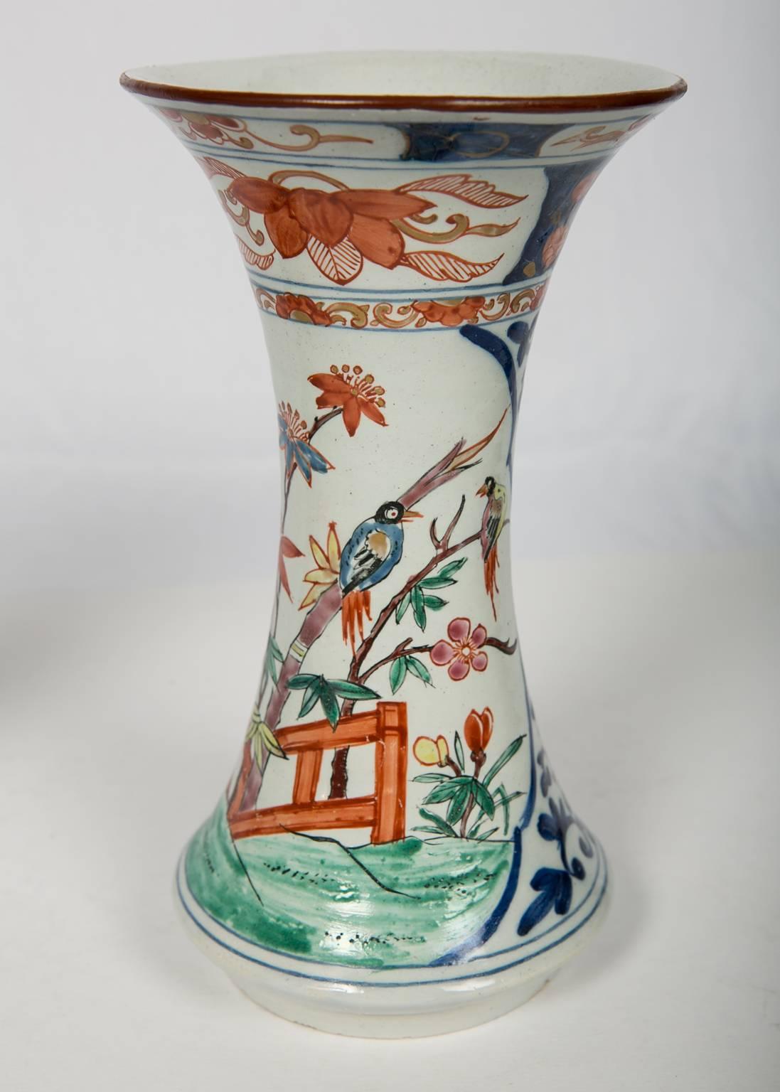 Hand-Painted Pair of Dutch Delft Vases in Imari Style Colors