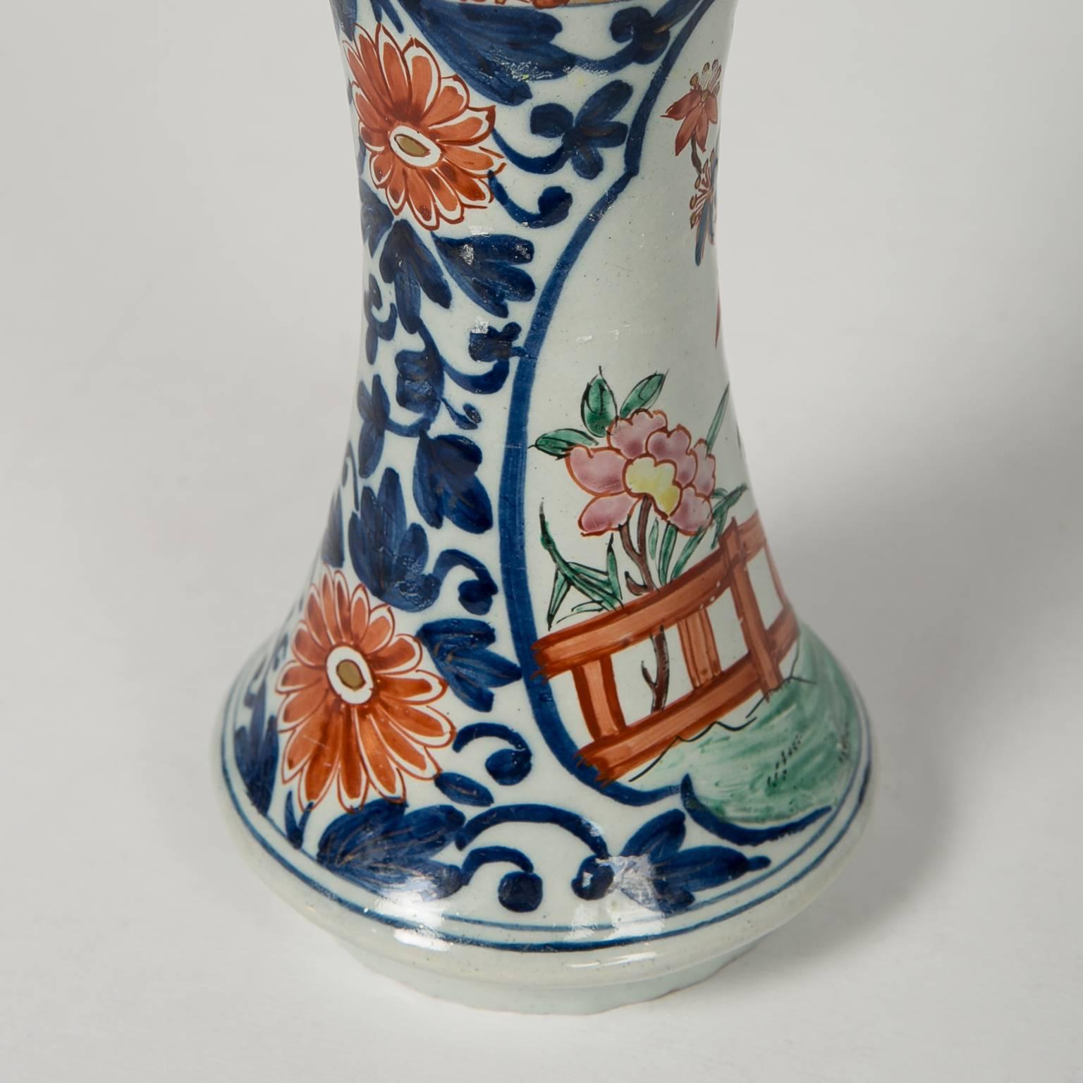 Pair of Dutch Delft Vases in Imari Style Colors 1