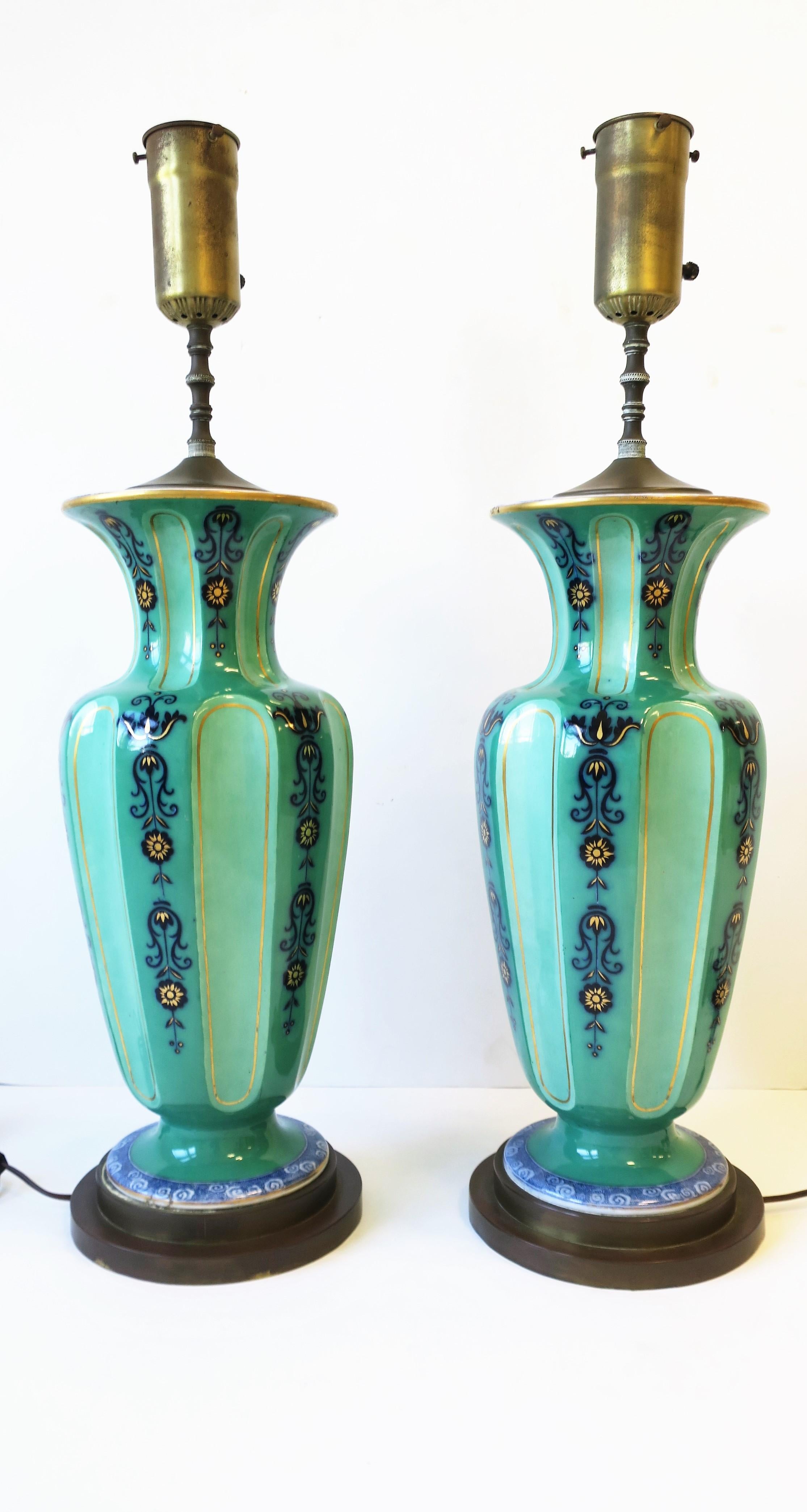 20th Century Dutch Blue White Green Porcelain Table Lamps Ginger Jar Style, circa 1930s For Sale